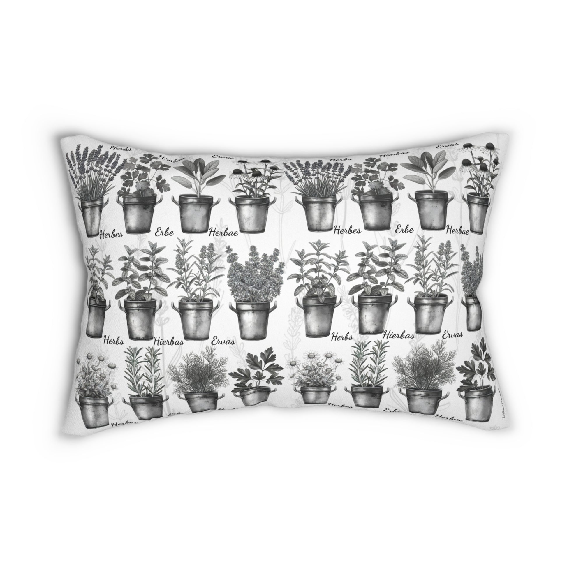 Herbal 6 Languages Garden Lumbar Pillow, Black & White Floral Cushion, Home Decor, Housewarming Gift, Plant Lover's Gift, Decorative Pillow for Every Occasion