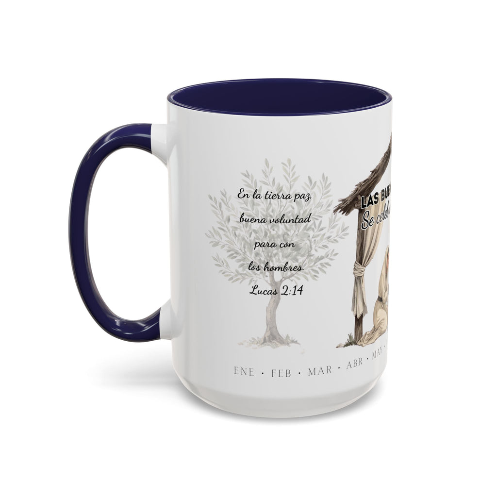 Year Round Nativity Coffee Mug — "Las Buenas Noticias se Celebran todo el Año" Watercolor Christian Christmas Mug
