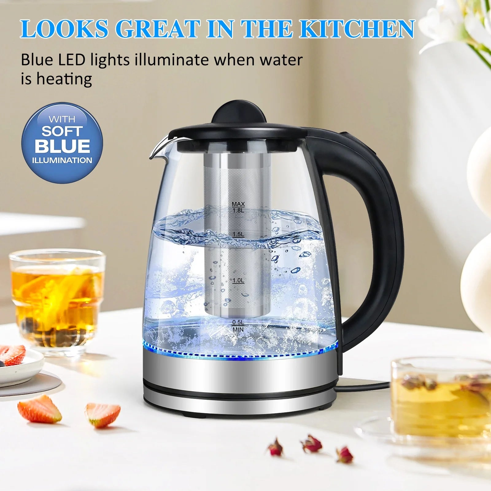 Electric Kettle with Stainless Steel Removable Infuser: 2L Borosilicate Glass Electric Tea Kettle , 1500W Boiling Water Pot, Auto Shut Off, Boil-Dry Protection