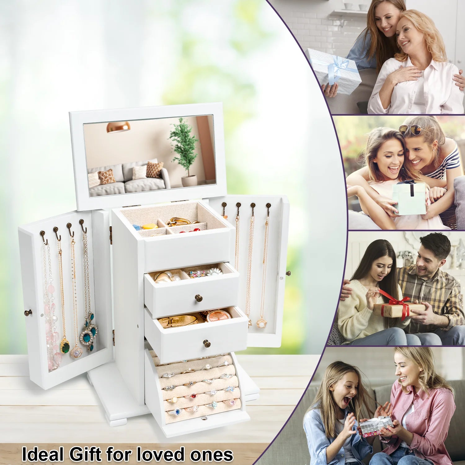 Jewelry Box, Wooden Jewelry Boxes for Women, Jewelry Organizer Box Display for Rings Earrings Necklaces Bracelets,Weathered White