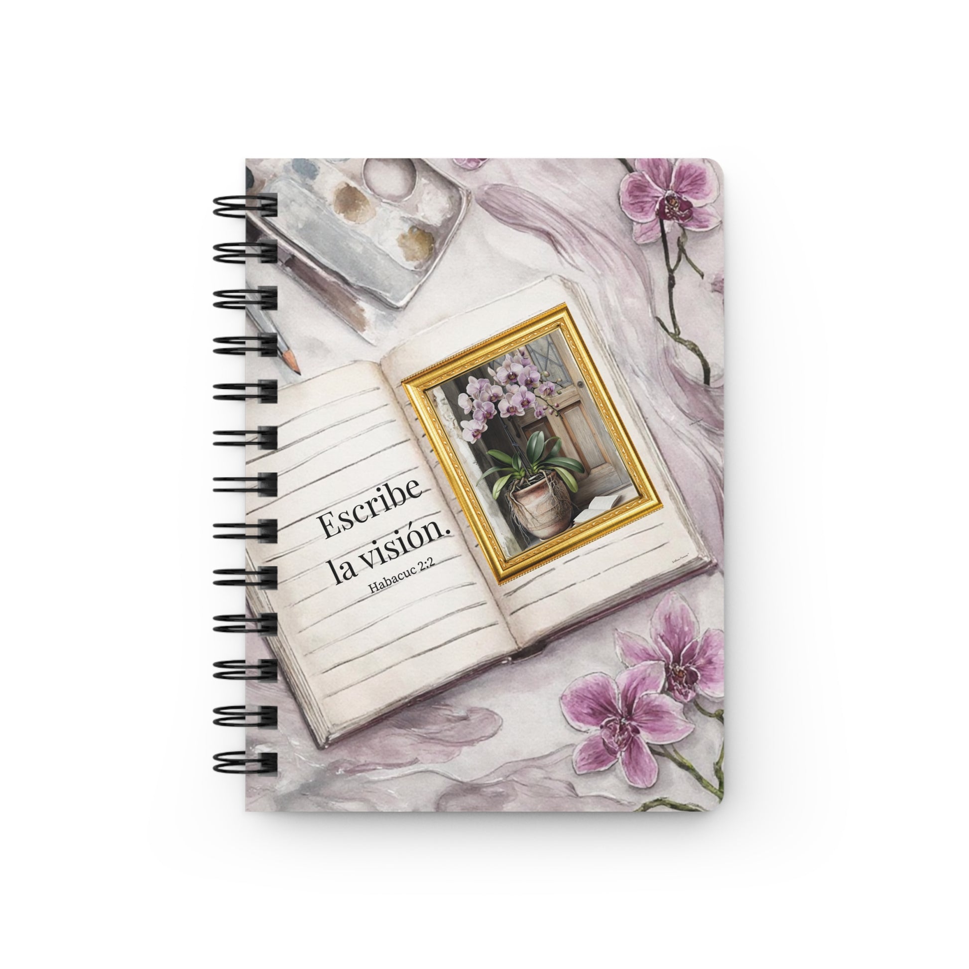 'Escribe la Visión' Orchid Spanish Spiral Journal — Faith Christian Notebook (Scripture: Habakkuk 2:2)