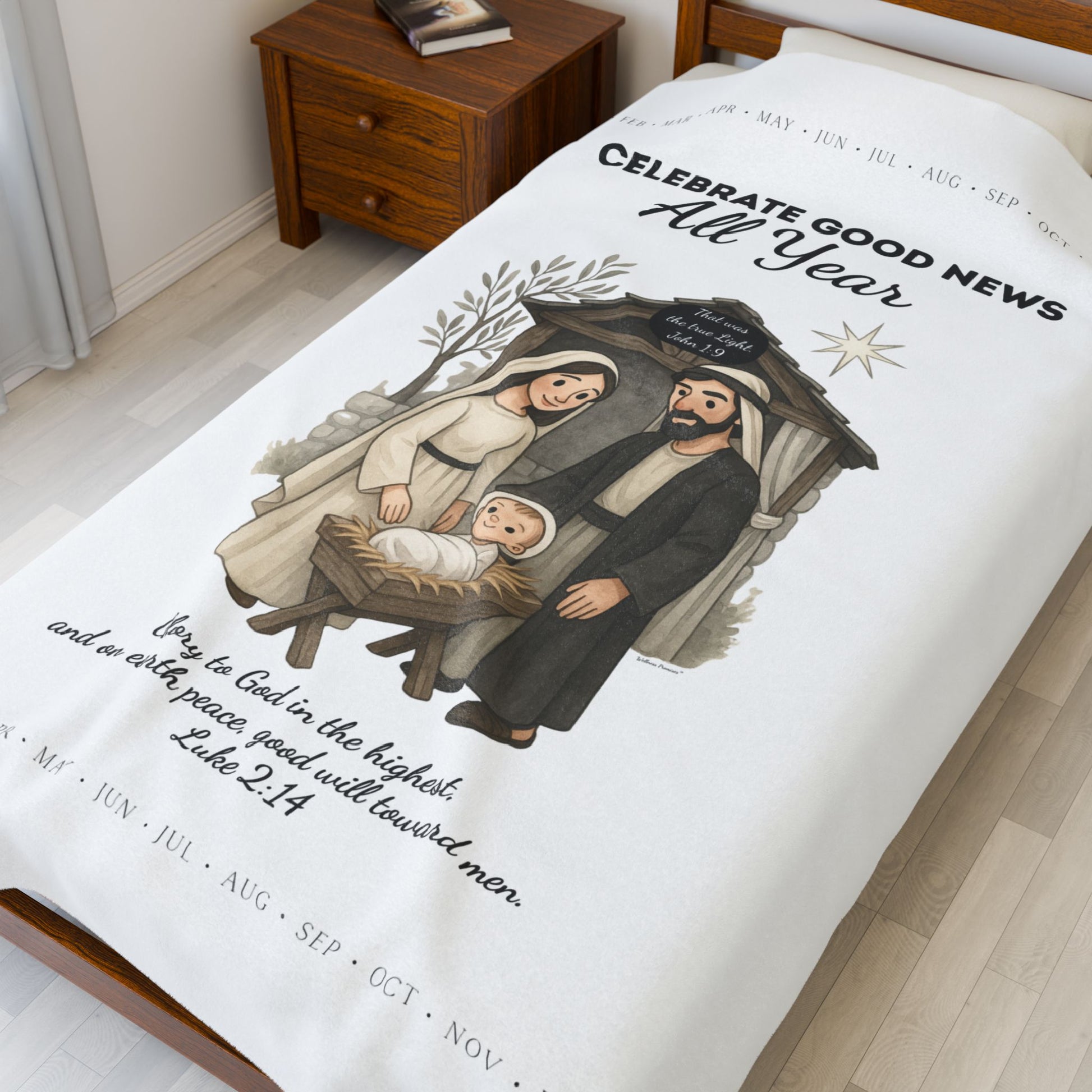 Nativity Year Round Velveteen Blanket - (White Color)  "Celebrate Good News All Year"  Nativity Throw