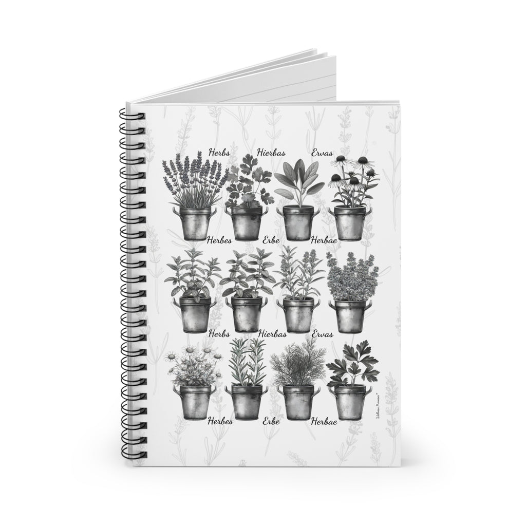 Herb Garden Black and White Ruled Spiral Notebook - Rustic Botanical Design, Floral Journal, Cute Planner, Gift for Gardeners, Nature Lovers
