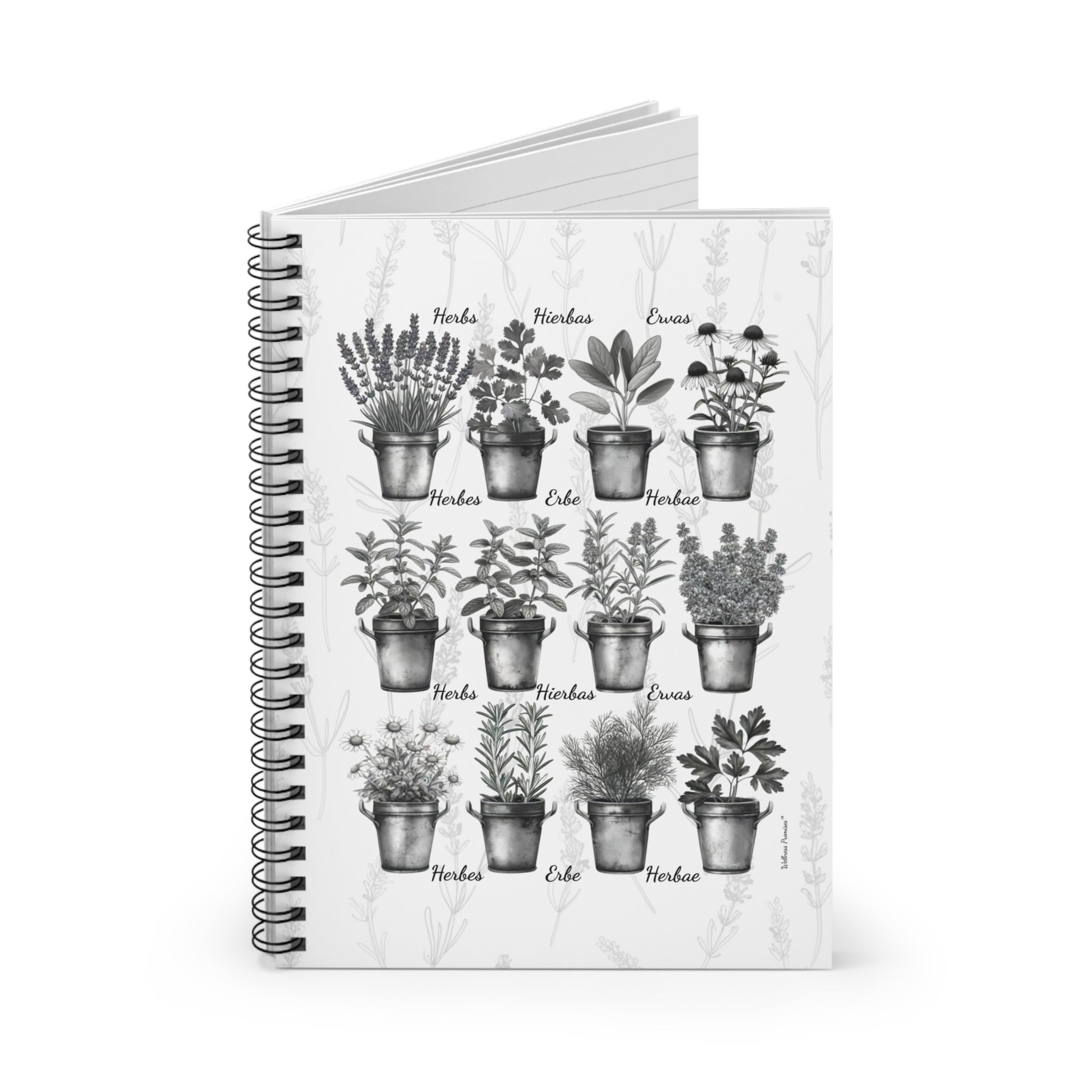 Herb Garden Black and White Ruled Spiral Notebook - Rustic Botanical Design, Floral Journal, Cute Planner, Gift for Gardeners, Nature Lovers