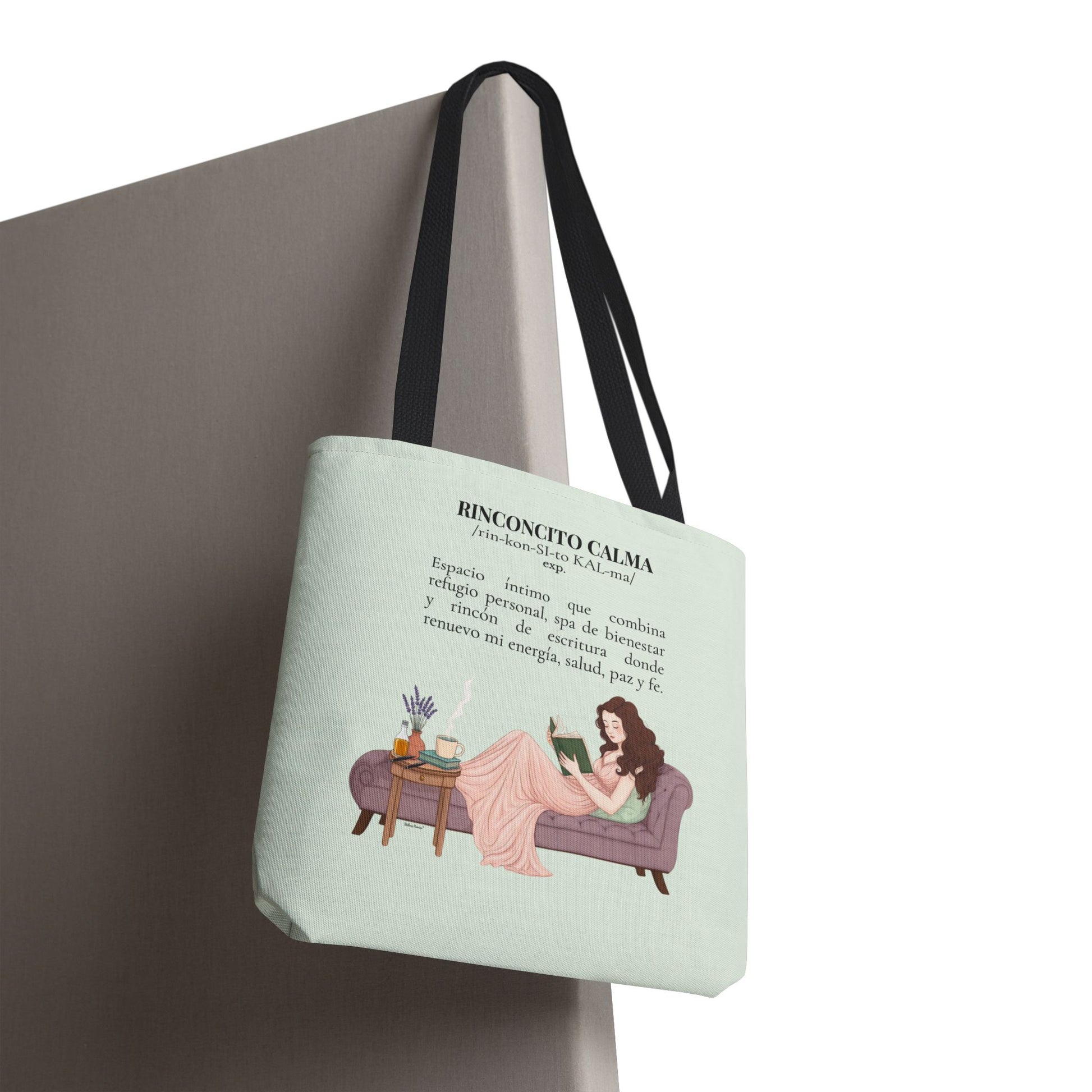 Slow-Living Corner Tote Bag — "Rinconcito Calma" Spanish Cozy Self-Care AOP Canvas Tote with Faith Quotes (Mint Green)