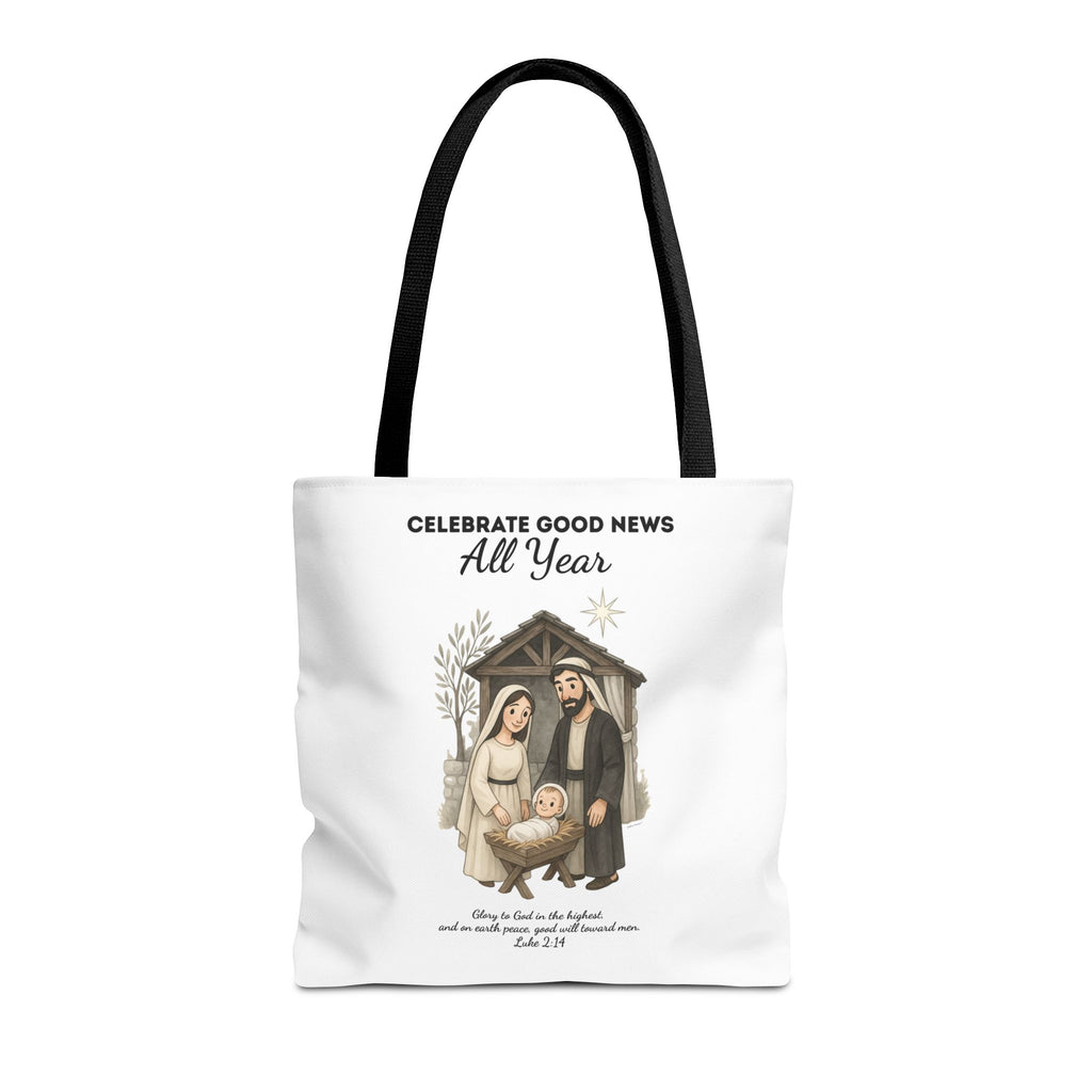 Nativity Tote Bag Year Round — (White Color) "Celebrate Good News All Year" Nativity Tote