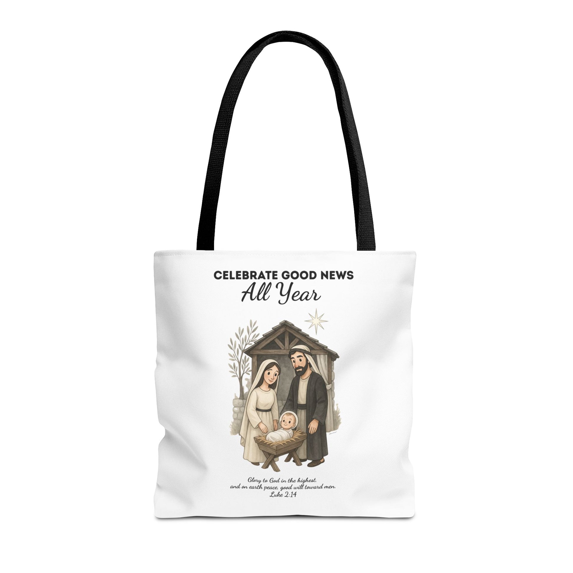 Nativity Tote Bag Year Round — (White Color) "Celebrate Good News All Year" Nativity Tote