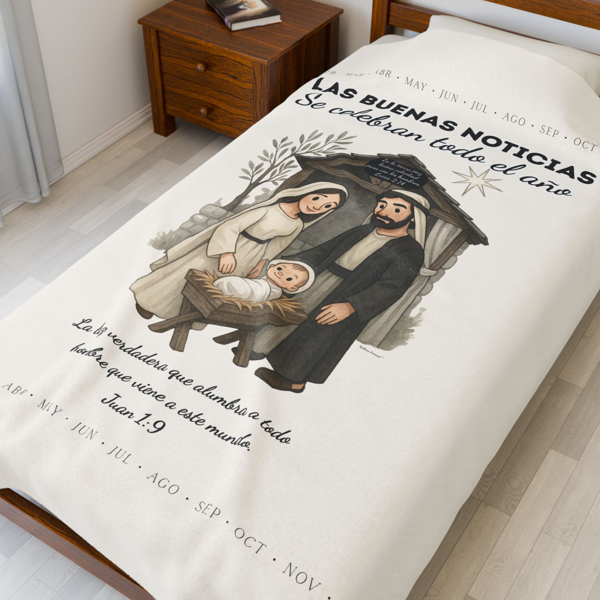 Nativity Year Round Velveteen Blanket (Cream Color)- "Las Buenas Noticias" Spanish Nativity Throw