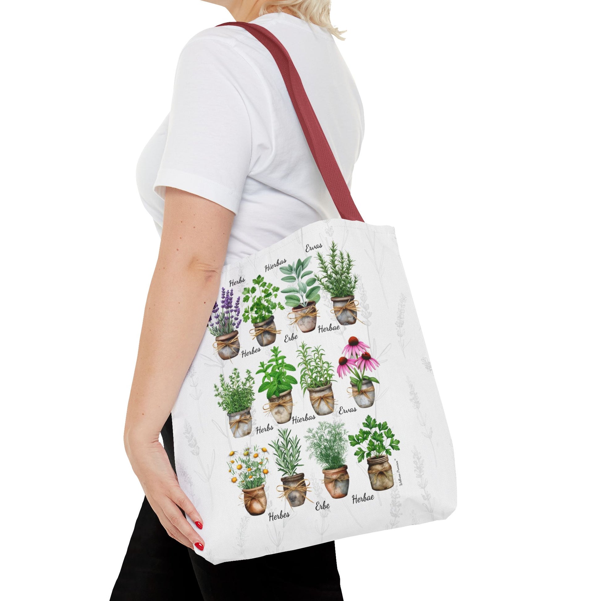 6 Language Watercolor Herbal Garden Tote Bag | Botanical Shopping Tote | Eco-Friendly Grocery Bag, Plant Lover Gift, Garden Decor, Mothers Day