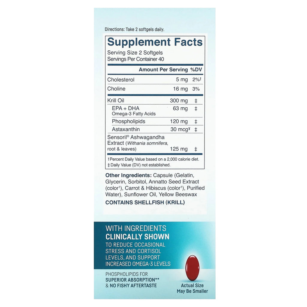 Pure Antarctic Krill Oil, Stress & Body Omega-3 with Ashwagandha, 80 Softgels