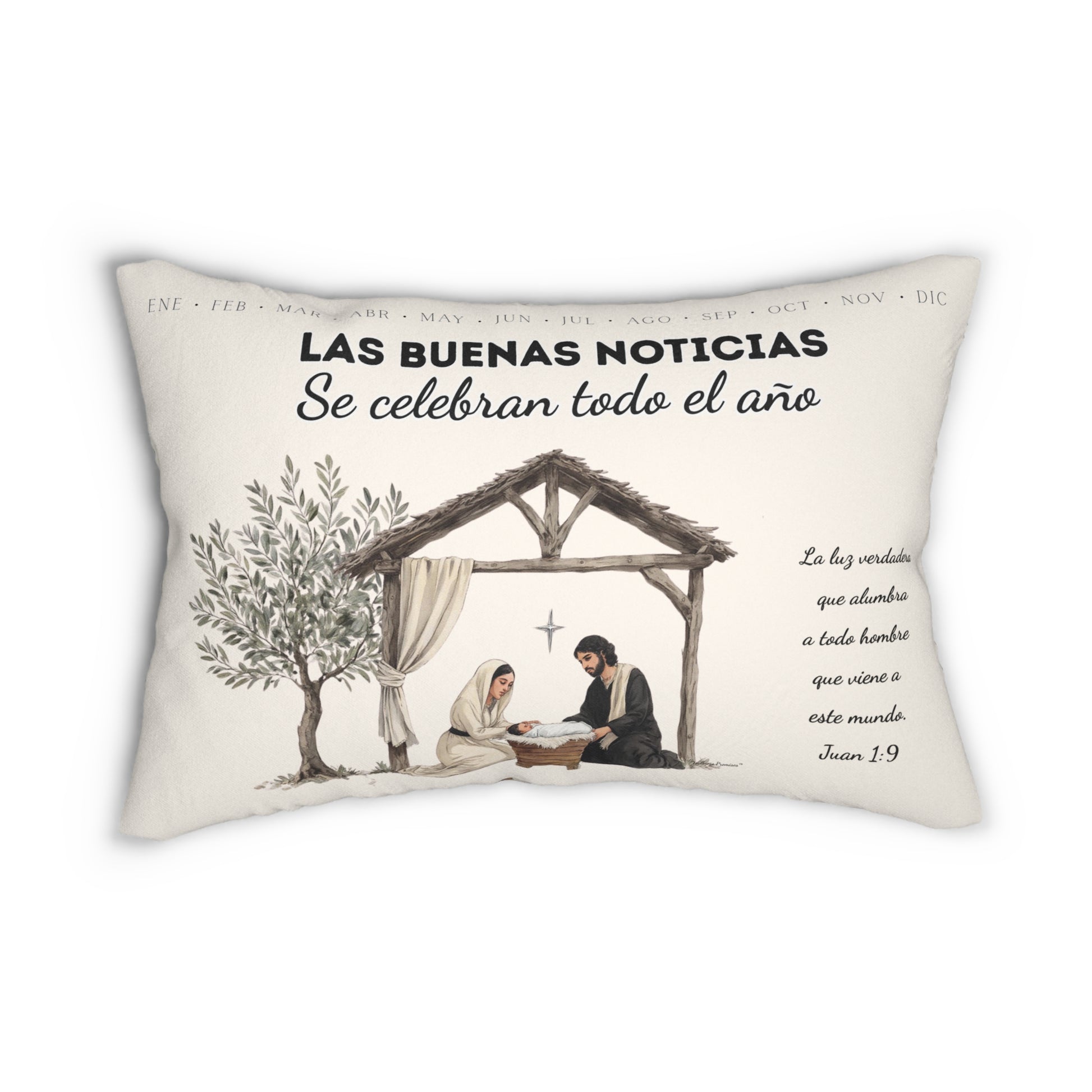 Nativity Lumbar Pillow — (Cream Color) "Las Buenas Noticias" Spanish Year Round Christmas Decor with Bible Verse