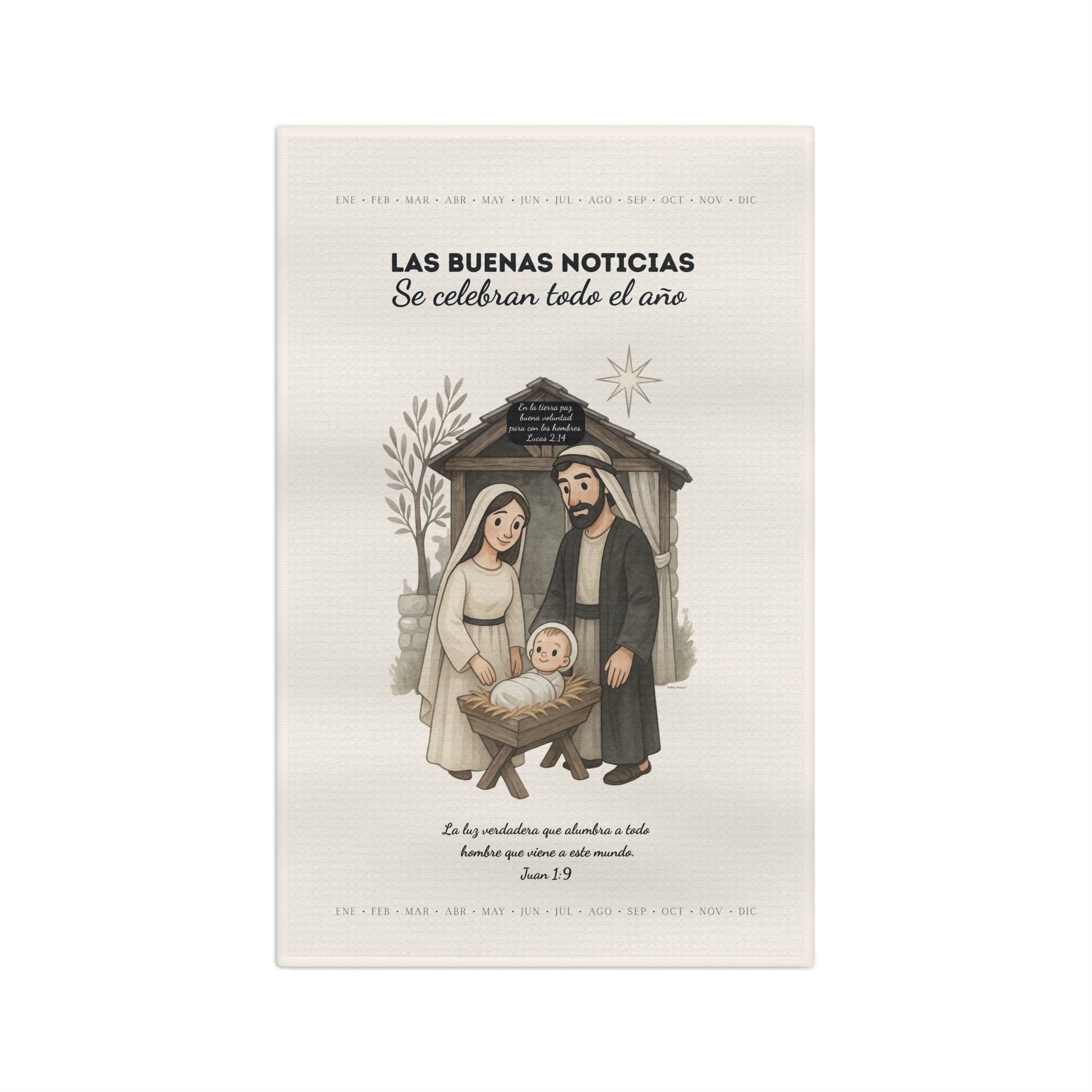 Nativity Tea Towel — (Cream Color) "Las Buenas Noticias se celebran todo el año" Year-Round Christmas Kitchen Towel