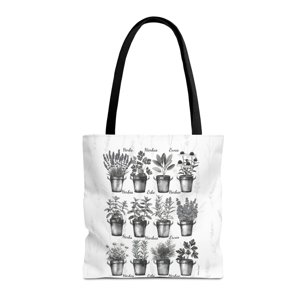 6 Language Black & White Herbal Garden Tote Bag | Botanical Shopping Tote | Eco-Friendly Grocery Bag, Plant Lover Gift, Garden Decor, Mothers Day