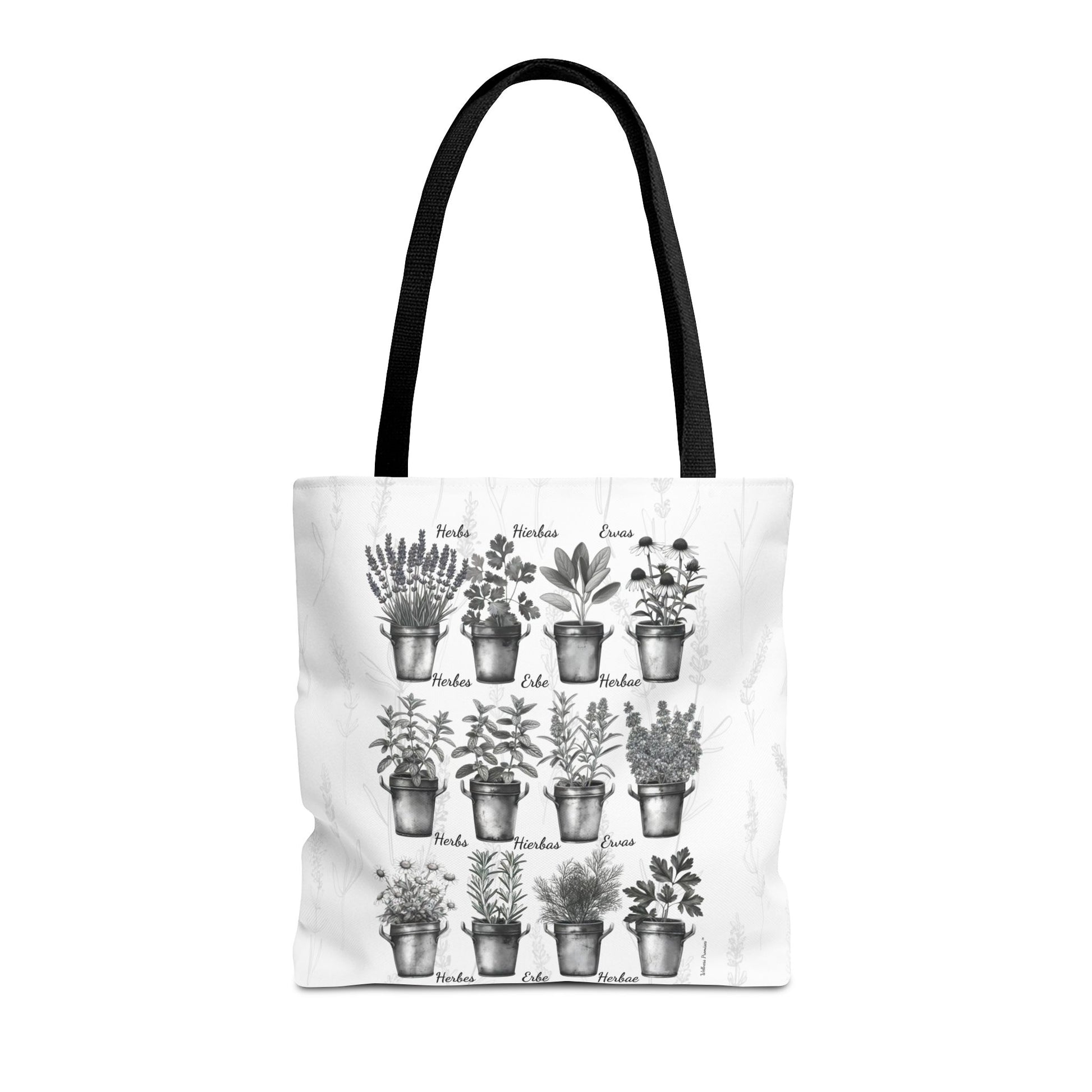 6 Language Black & White Herbal Garden Tote Bag | Botanical Shopping Tote | Eco-Friendly Grocery Bag, Plant Lover Gift, Garden Decor, Mothers Day