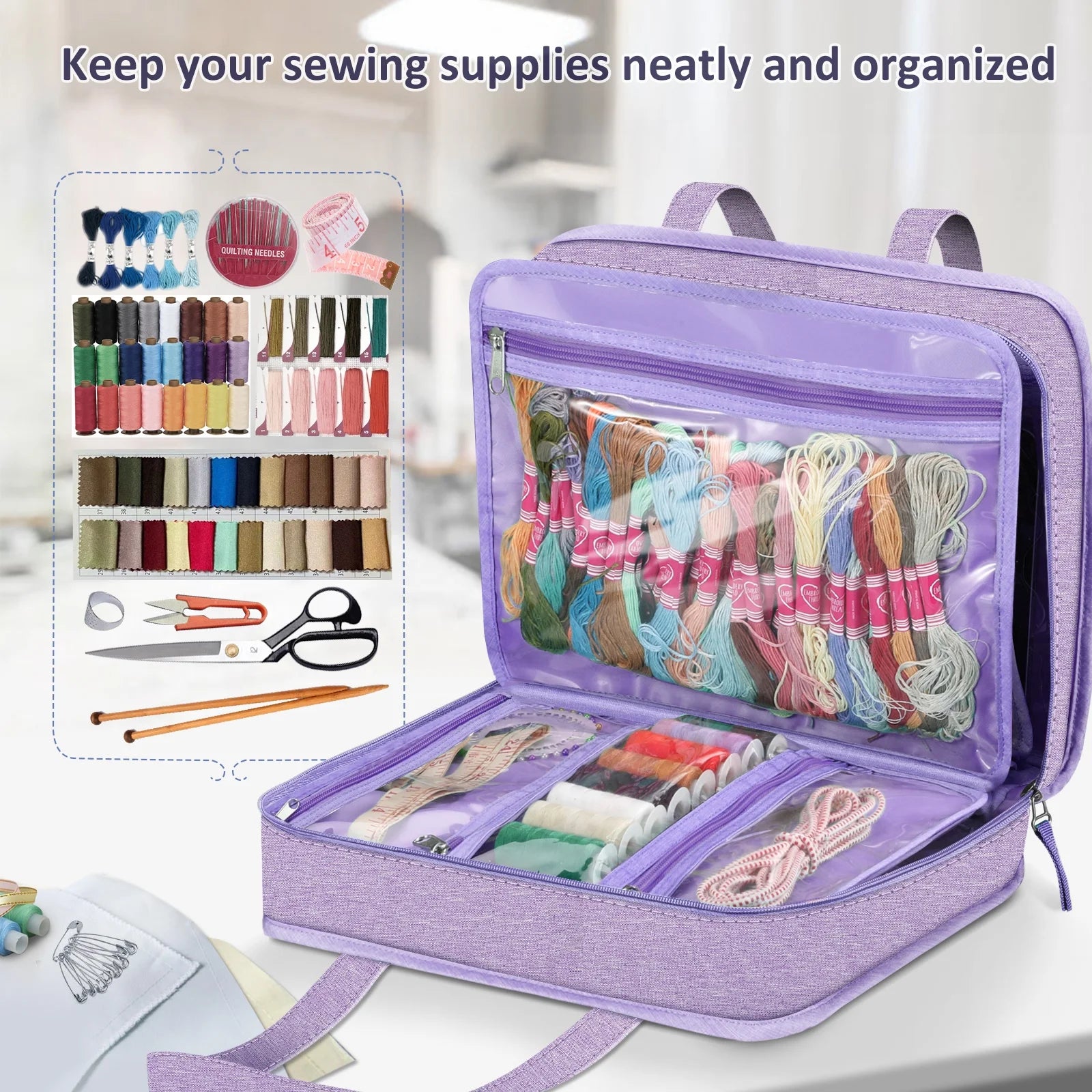 Sewing and Craft Supplies Storage Tote, Large Capacity Travel Packing Organizer Bag with Clear Pockets and Handle for Knitting, Crochet, Art, Sewing Accessories, Lavender