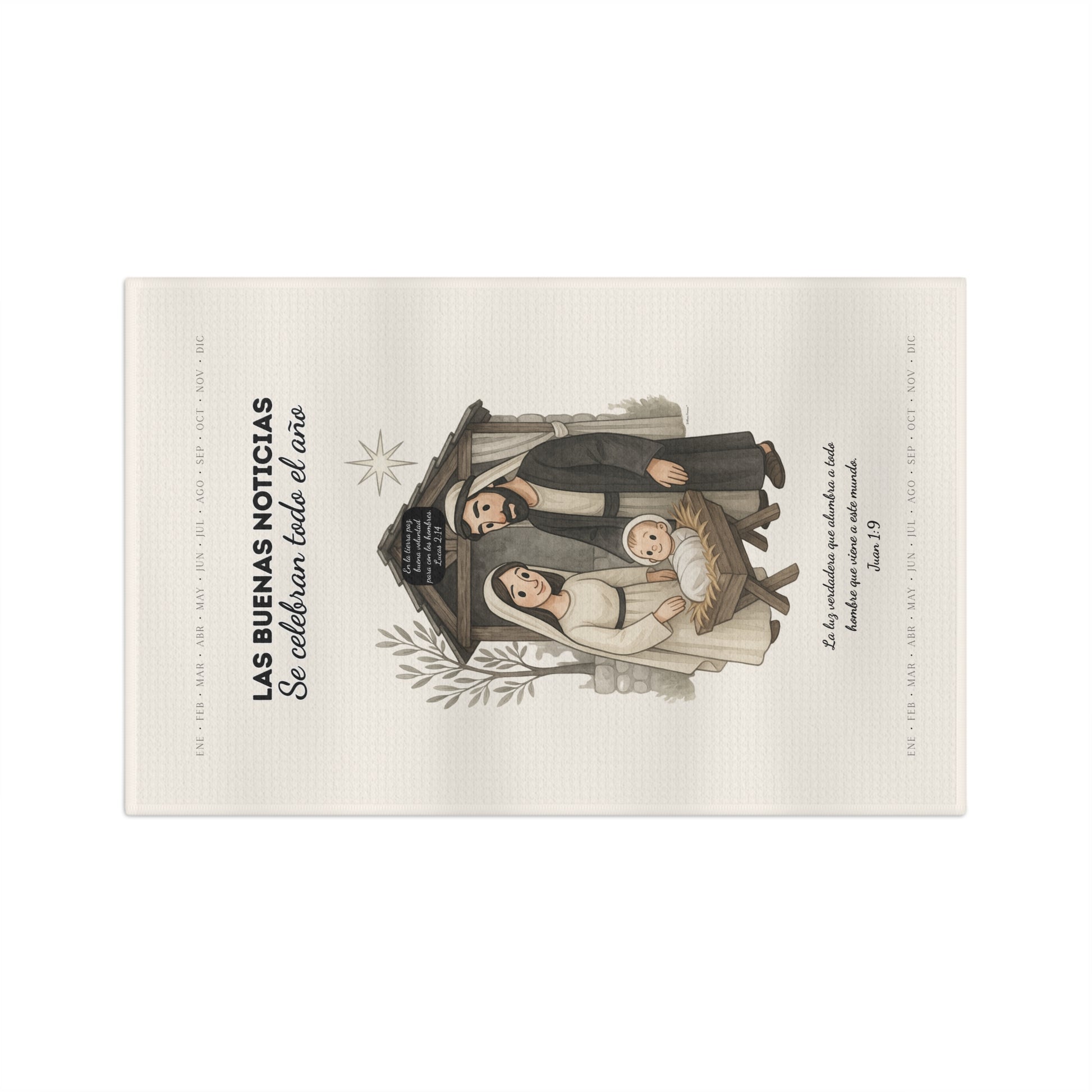 Nativity Tea Towel — (Cream Color) "Las Buenas Noticias se celebran todo el año" Year-Round Christmas Kitchen Towel