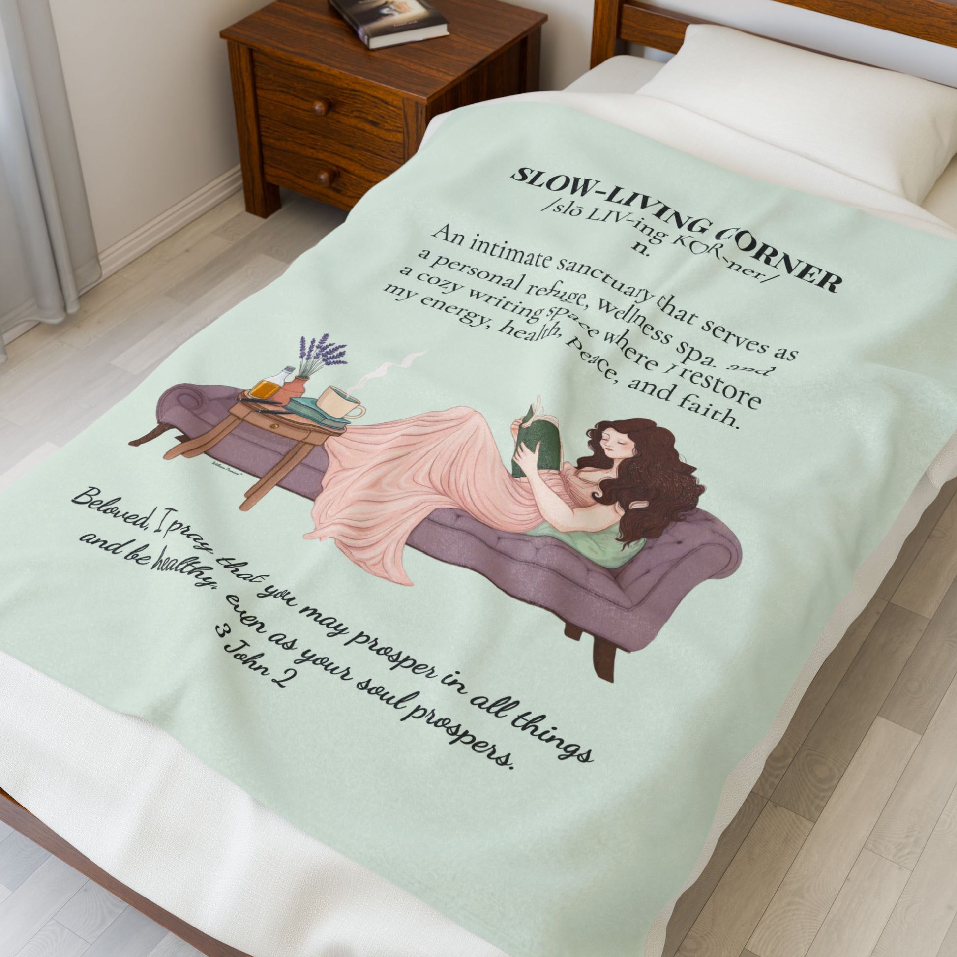 Slow-Living Corner Velveteen Plush Blanket — Cozy Reading Nook Throw with Bible Verse (Mint Green)