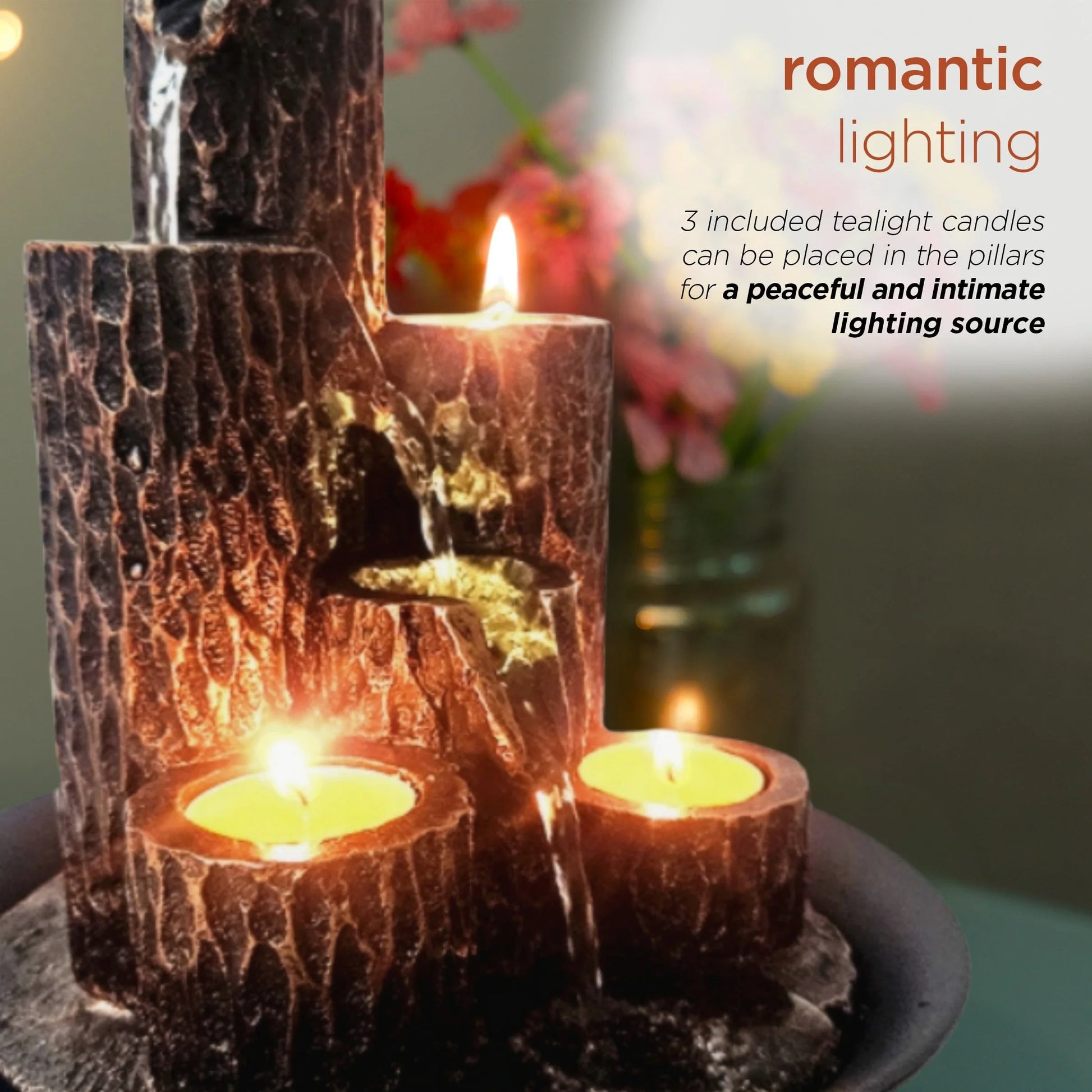 Resin 3-Tier Tabletop Waterfall Fountain with Candle Holder, Desktop Water Fountain Indoor Home