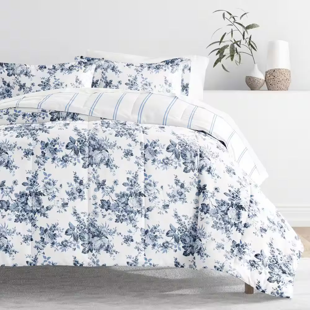 7-Piece Cabbage Rose Stripe Stone Pattern Comforter Cal King Microfiber Bedding Bundle