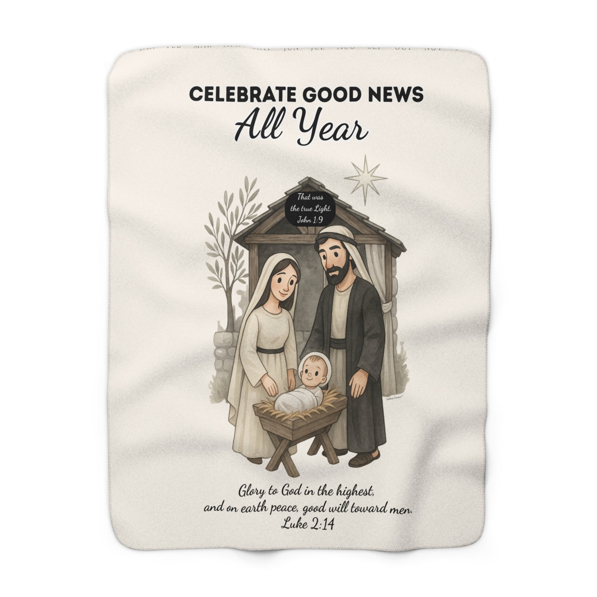 Nativity Sherpa Fleece Blanket – "Celebrate Good News All Year" Christian Christmas Throw with Luke 2:14