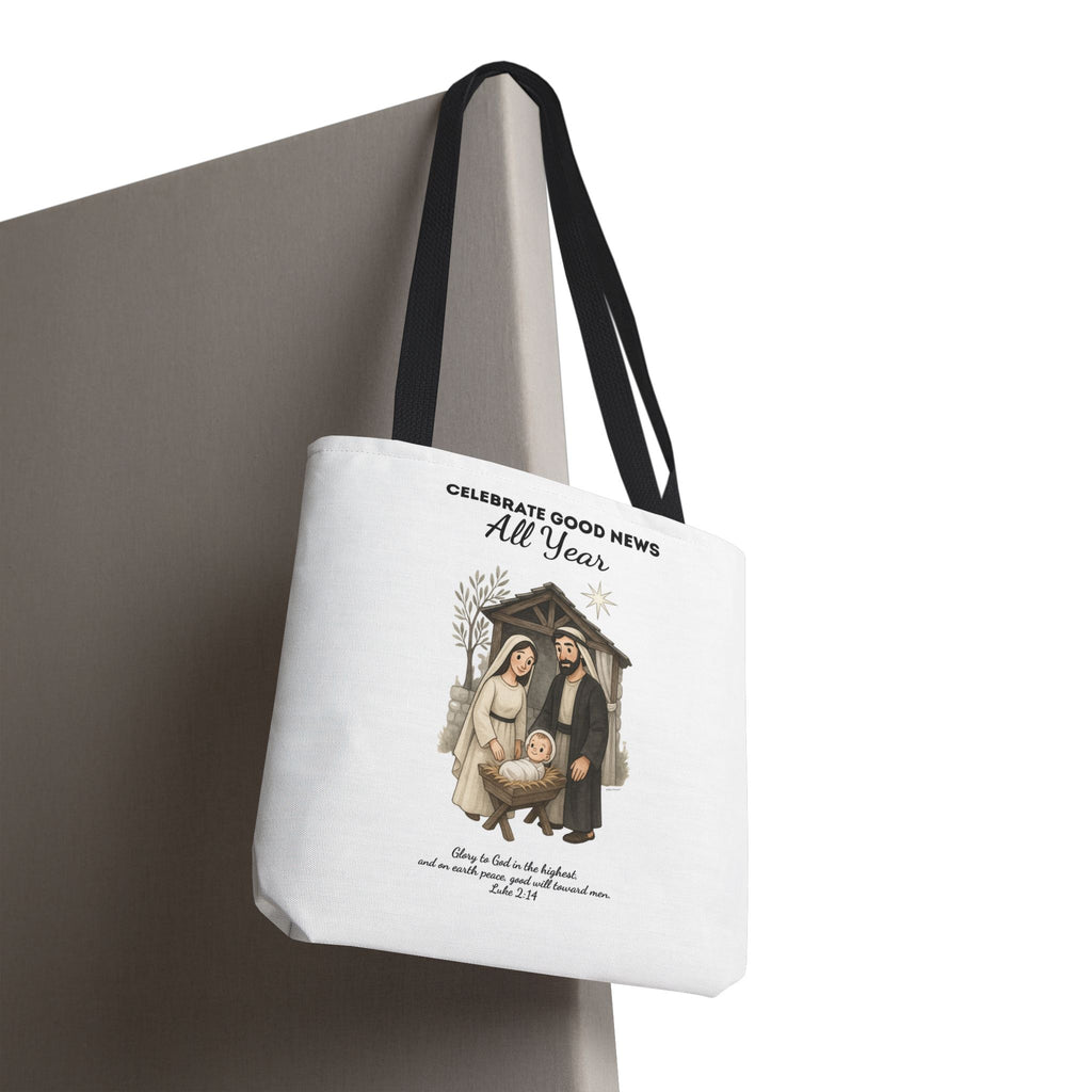 Nativity Tote Bag Year Round — (White Color) "Celebrate Good News All Year" Nativity Tote