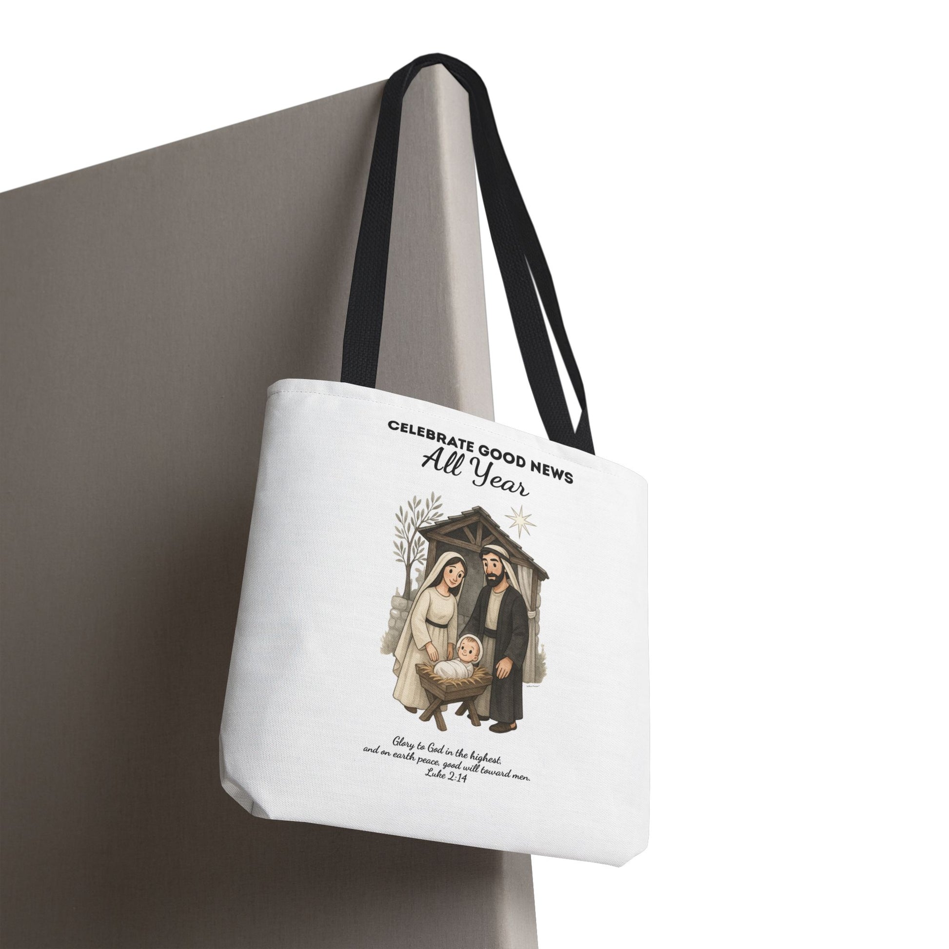 Nativity Tote Bag Year Round — (White Color) "Celebrate Good News All Year" Nativity Tote
