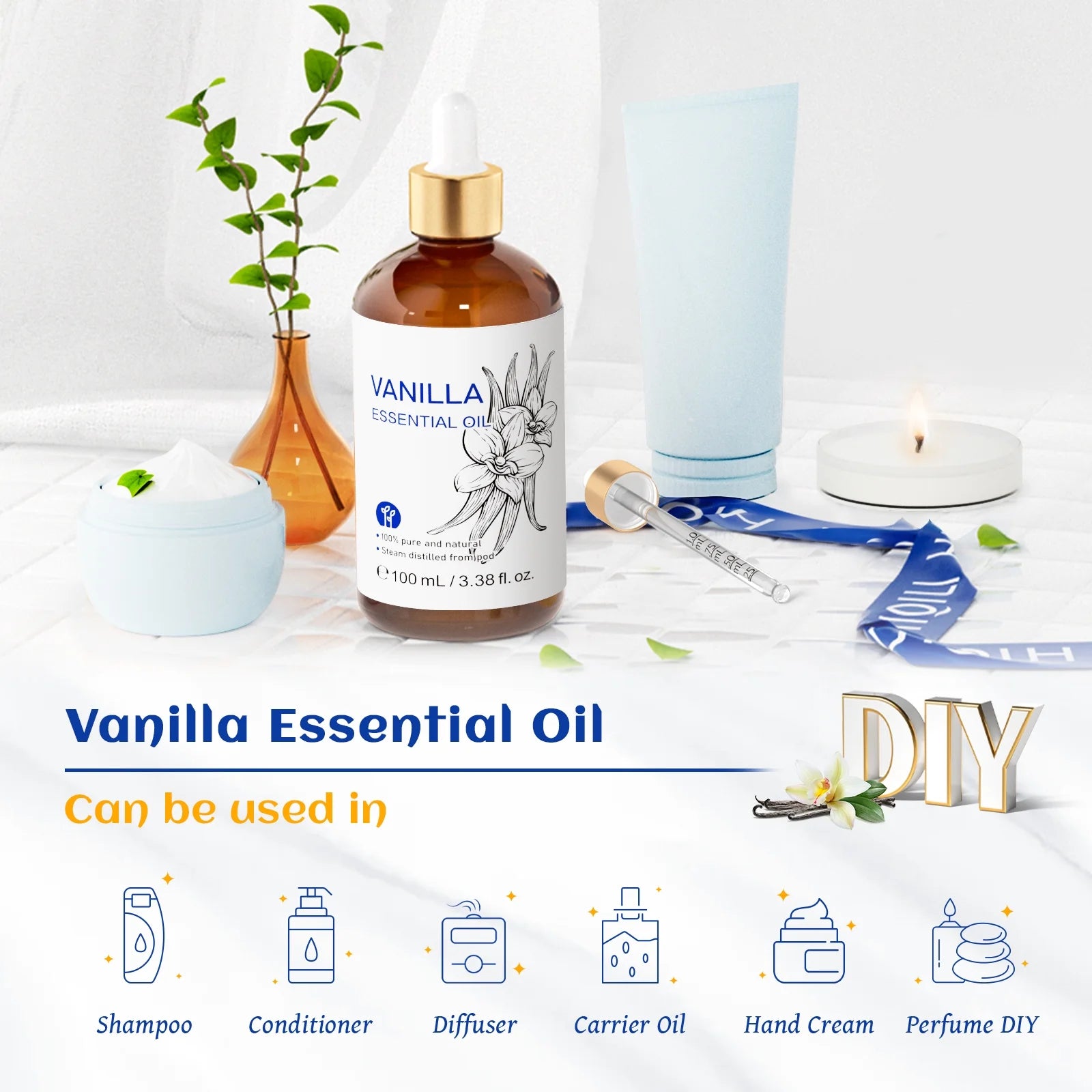 Vanilla Essential Oil, 100% Pure Natural, for Skin, Bath, Diffuser, Candle Soap Making-100Ml