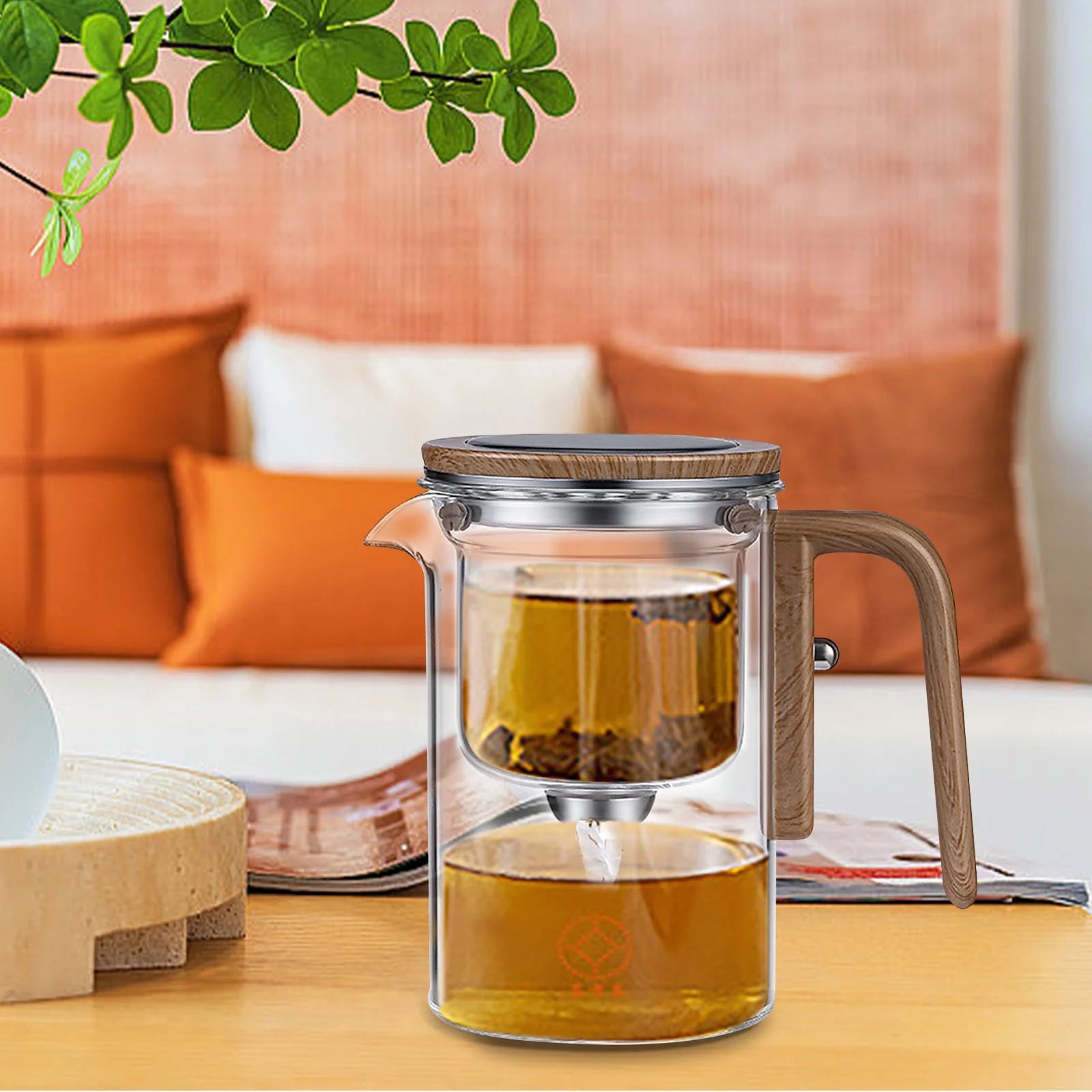 Water Separation Glass Teapot with Wooden Handle, Witchcraft Teapot, Magical Teapot, Glass Teapot with Infuser, Glass Teapot with Strainer, Glass Inner Bladder Magnetic Suction Floating Cup