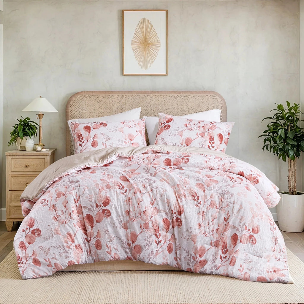 King/Cal King Comforter Sets, Reversible Seersucker Floral Bedding Sets, 3 Piece Lightweight Pink Blush Botanical Flowers Comforter Bed Set with Pillow Shams