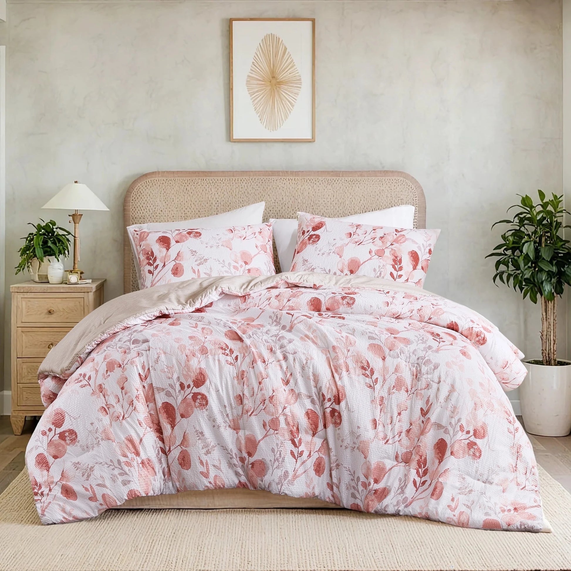 King/Cal King Comforter Sets, Reversible Seersucker Floral Bedding Sets, 3 Piece Lightweight Pink Blush Botanical Flowers Comforter Bed Set with Pillow Shams