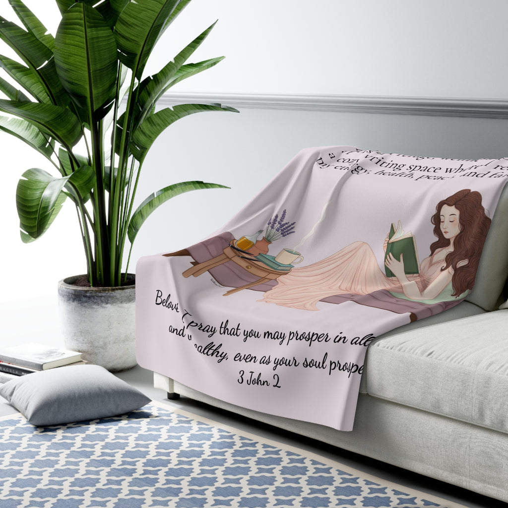 Slow-Living Corner Sherpa Fleece Blanket — Mauve Cozy Spiritual Sanctuary Throw with Scripture