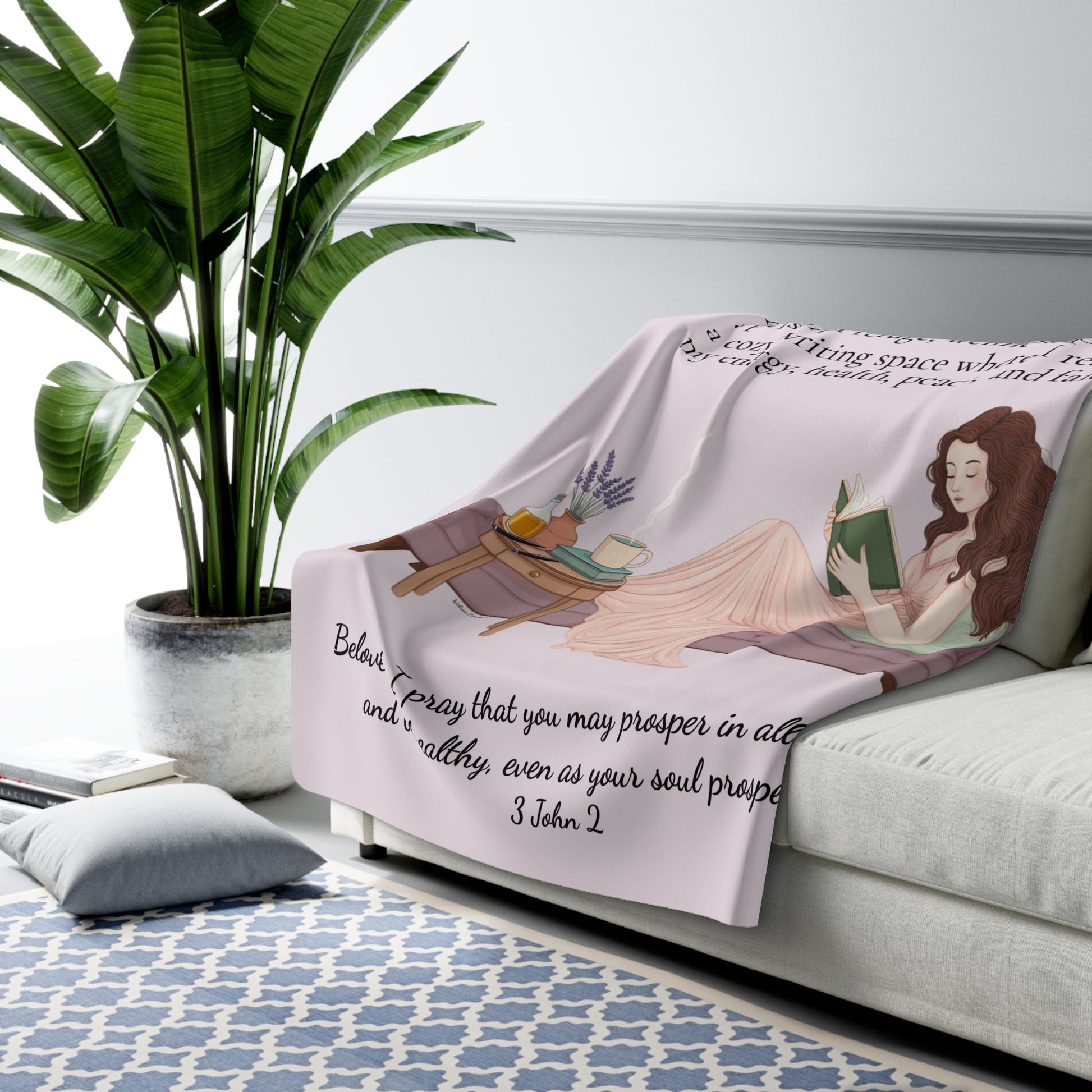 Slow-Living Corner Sherpa Fleece Blanket — Mauve Cozy Spiritual Sanctuary Throw with Scripture