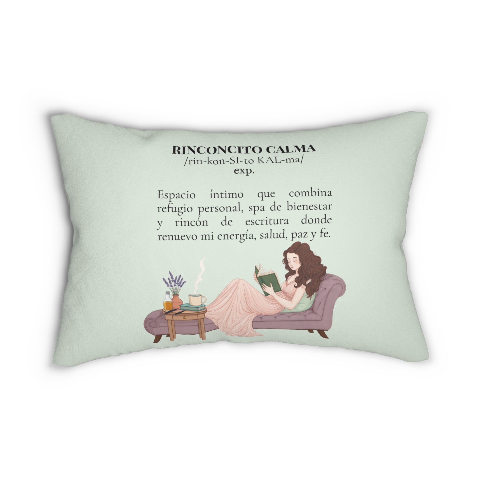 “Slow-Living Corner” & Lavender "Rinconcito Calma" Lumbar Pillow — Spanish Cozy Prayer Blessing (Mint Green)