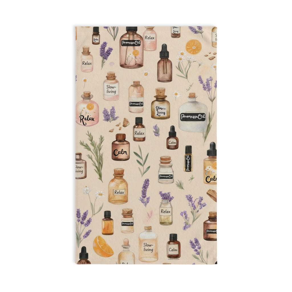 Aromatherapy Bottles Slow-Living Hand Towel – Spa Lavender, Herbal and Citrus Essential Oil Pattern