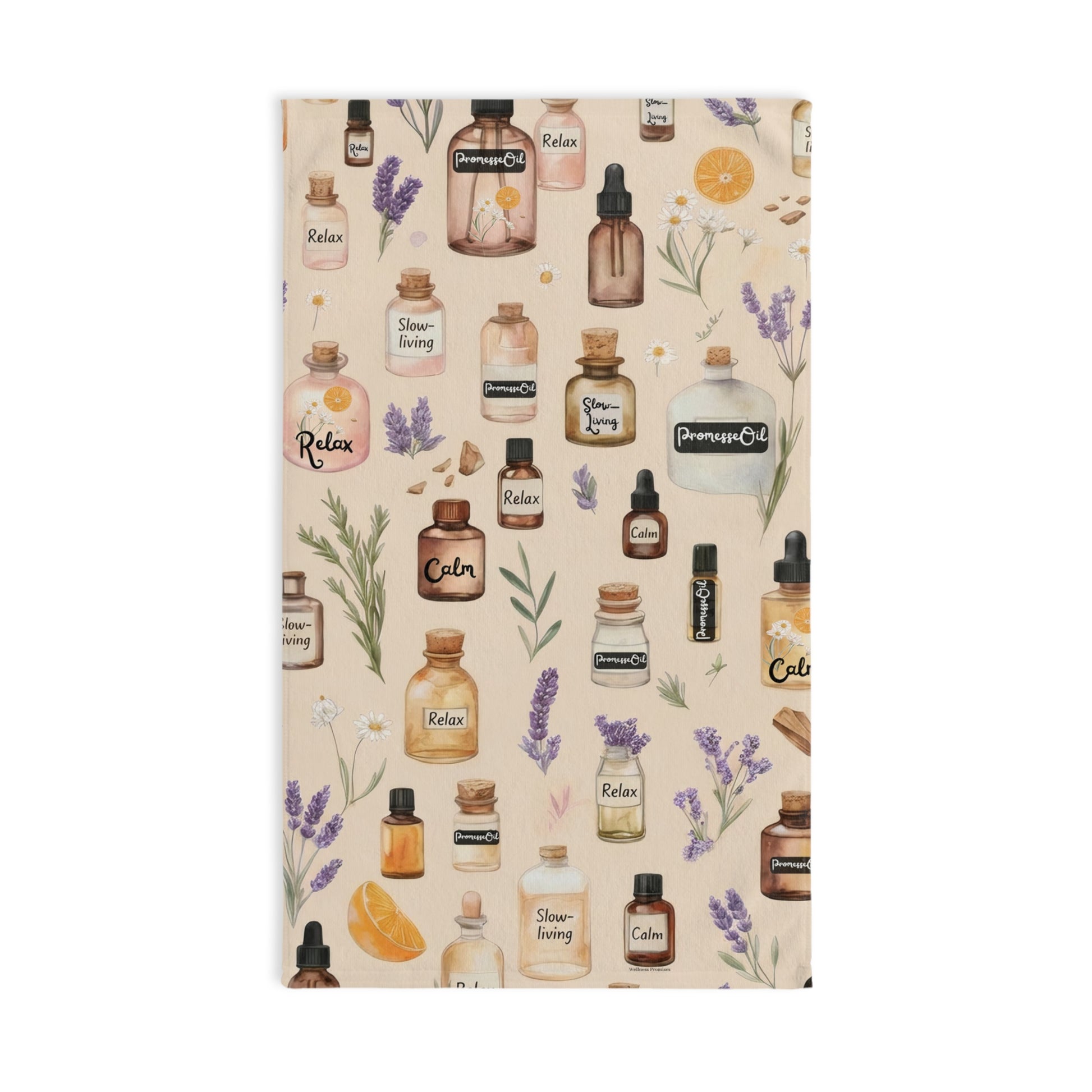 Aromatherapy Bottles Slow-Living Hand Towel – Spa Lavender, Herbal and Citrus Essential Oil Pattern