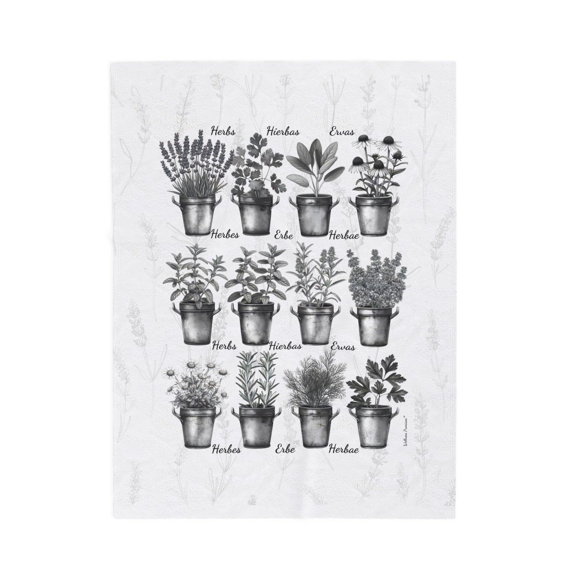 6 Languages Herbal Wellness Black and White Velveteen Plush Blanket | Cozy Home Decor, Perfect Gift for Gardeners, Plant Lovers, Housewarming, Relaxing Evenings