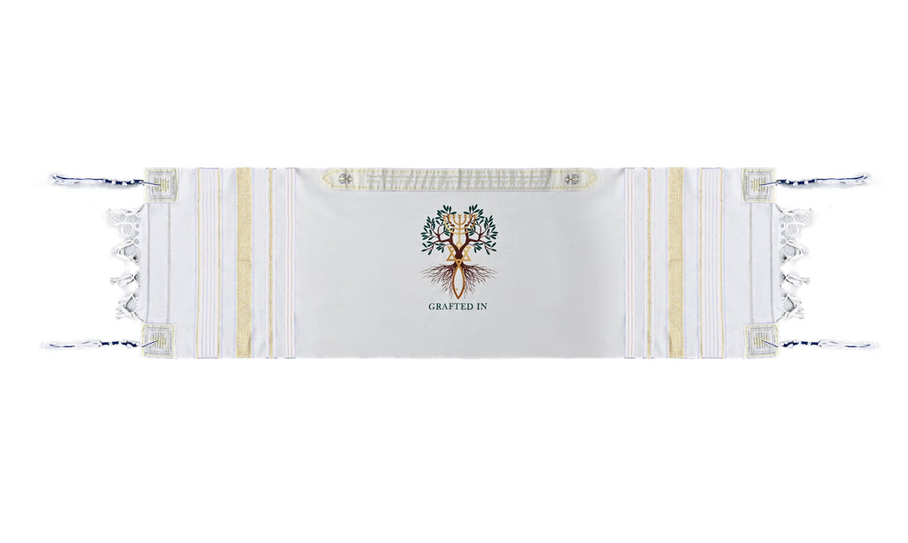 Grafted in - Messianic Christian Prayer Shawl/Tallit Prayer Shawl - Creation and Restoration Talit (All White / Gold)