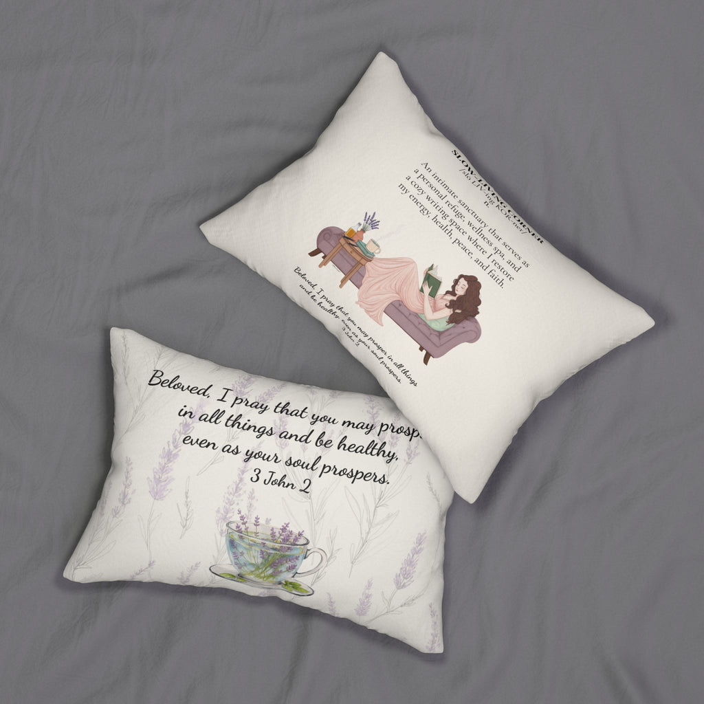 “Slow-Living Corner” & Lavender Reading Nook Lumbar Pillow — Cozy Prayer Blessing (Beige)