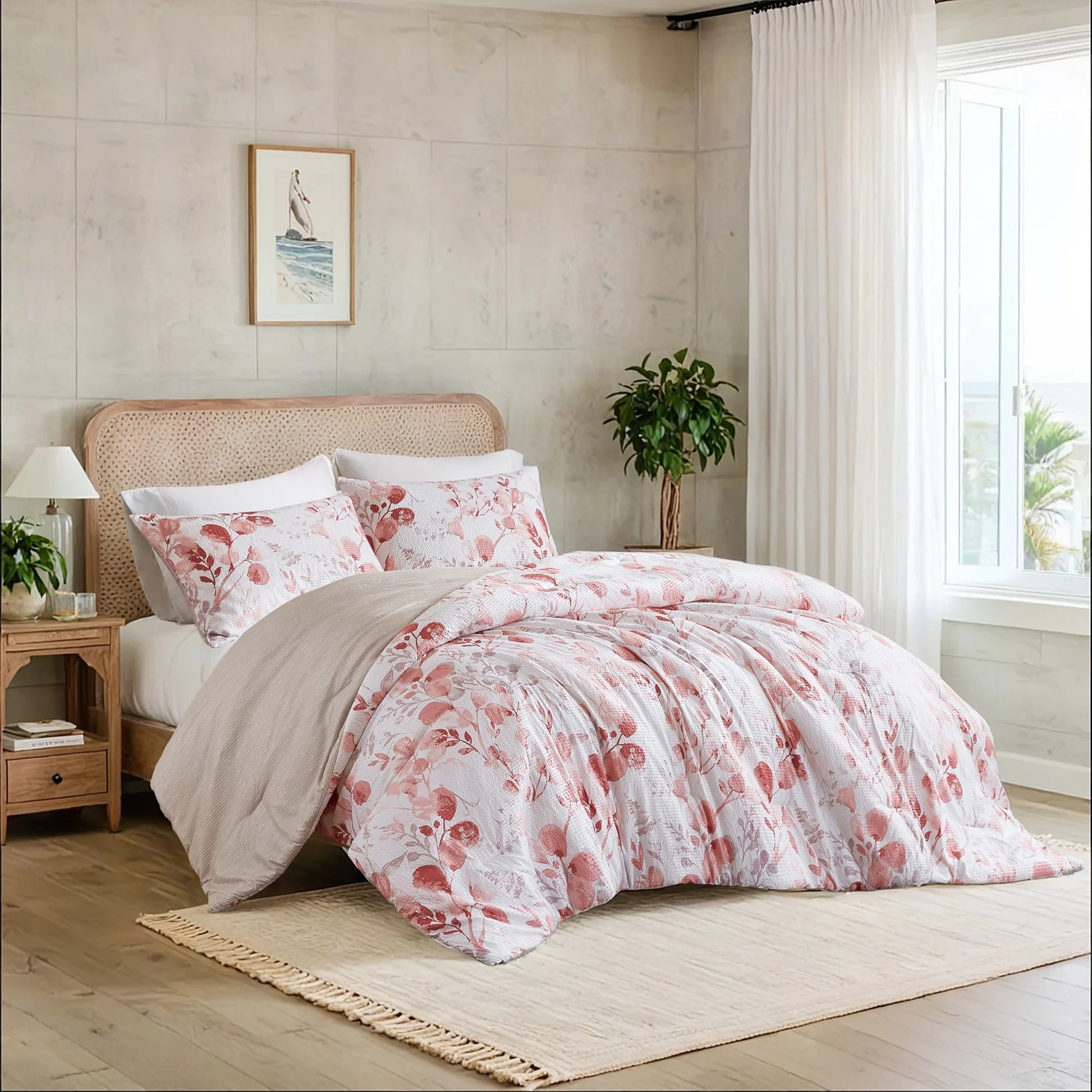King/Cal King Comforter Sets, Reversible Seersucker Floral Bedding Sets, 3 Piece Lightweight Pink Blush Botanical Flowers Comforter Bed Set with Pillow Shams