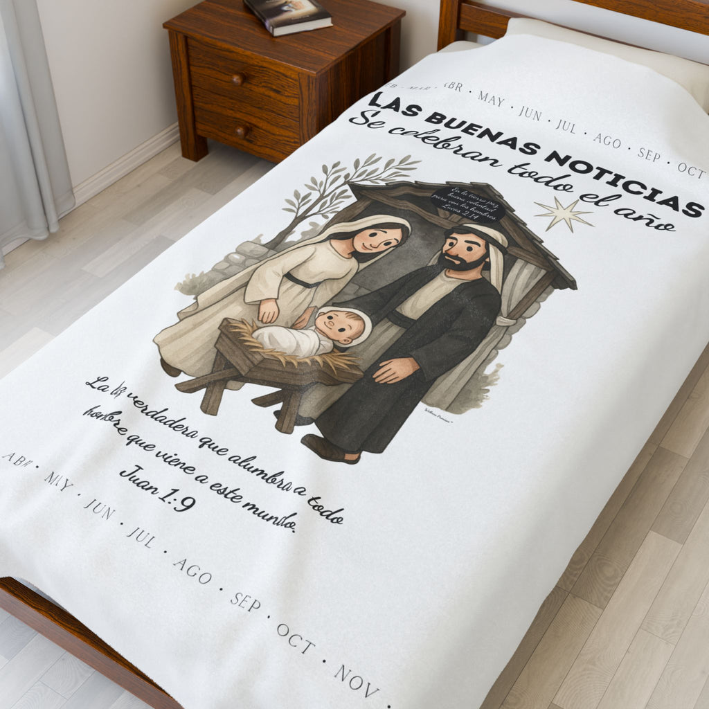 Nativity Year Round Velveteen Blanket - (White Color)  "Las Buenas Noticias" Spanish Nativity Throw