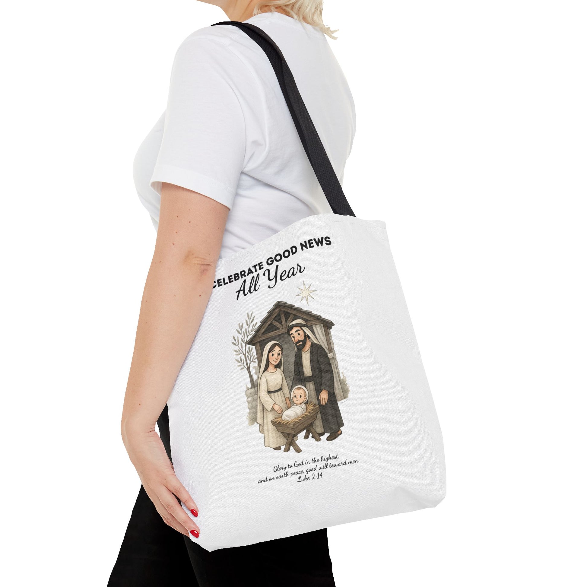 Nativity Tote Bag Year Round — (White Color) "Celebrate Good News All Year" Nativity Tote