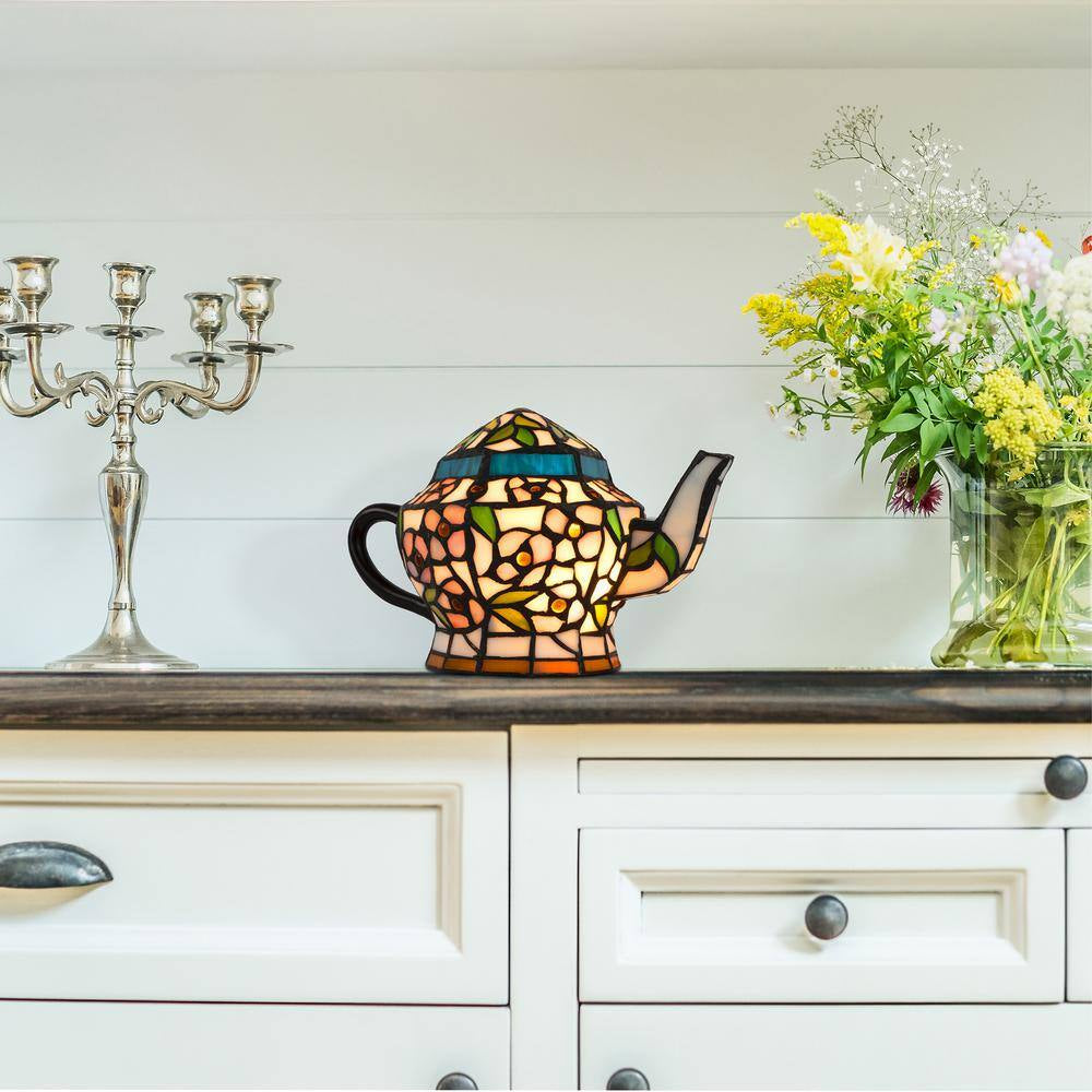 7 In. Multi-Colored Stained Glass Tiffany Style LED Teapot Lamp with Brown Metal Handle