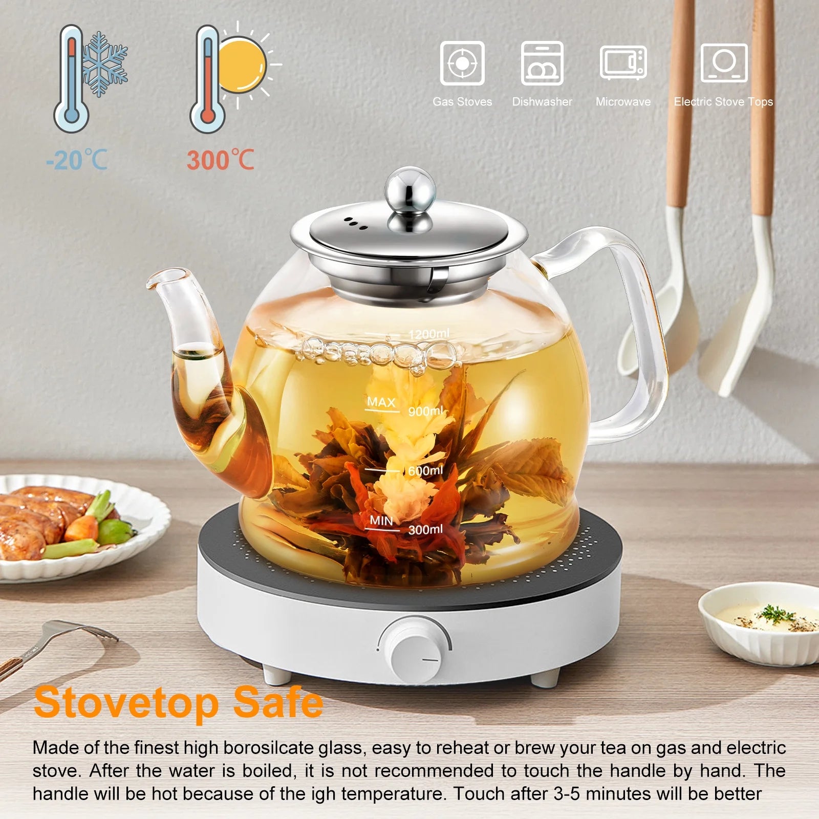 1200Ml Glass Teapot, 40Oz Stovetop Safe Tea Kettle, with Removable Stainless Steel Infuser, for Loose Leaf and Fruit Tea