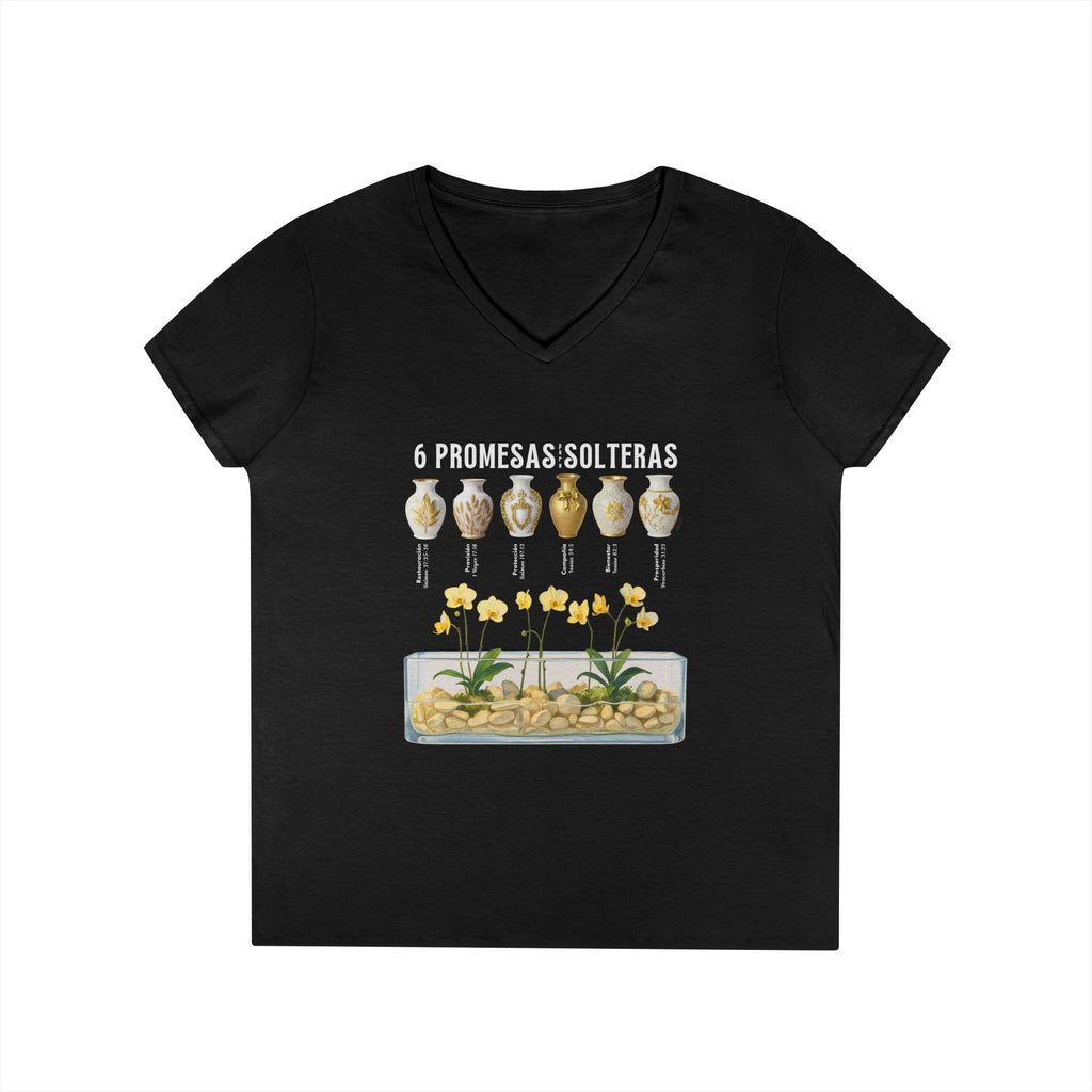 6 Promesas para Solteras: T-shirt negra con jarrones dorados y blancos y orquídeas