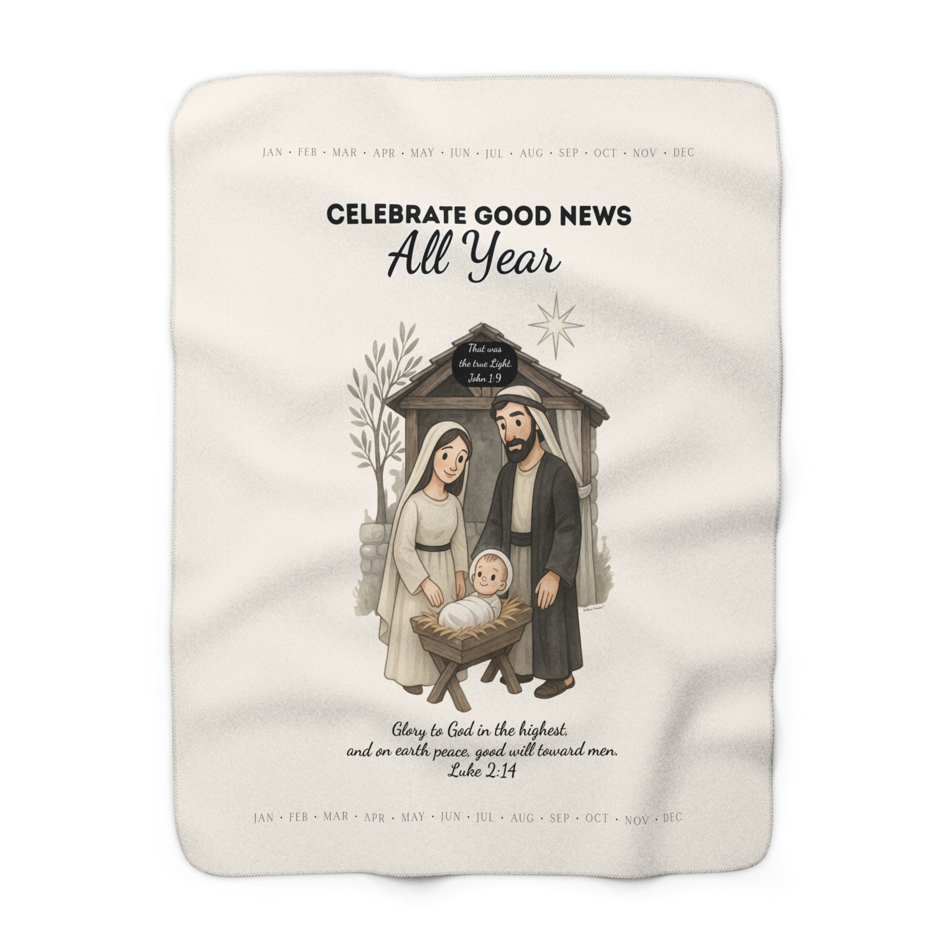 Nativity Sherpa Fleece Blanket – "Celebrate Good News All Year" Christian Christmas Throw with Luke 2:14