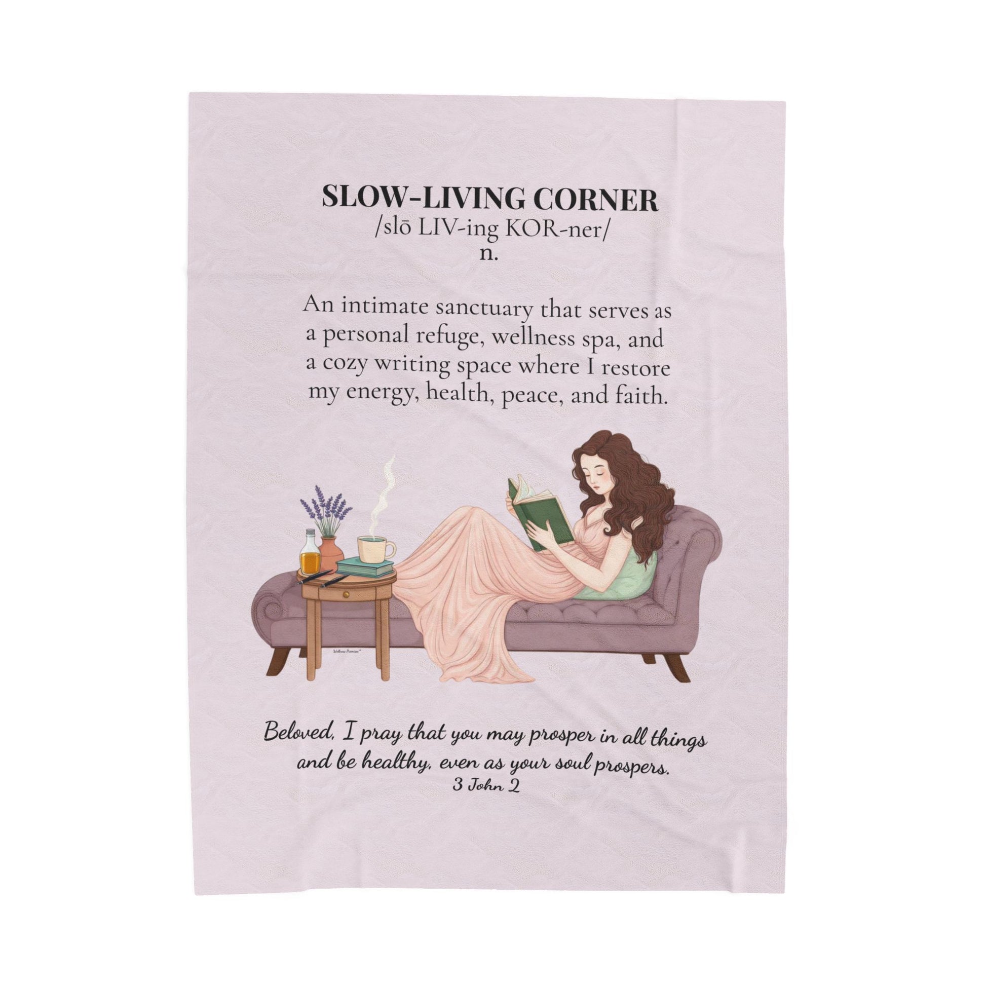 Slow-Living Corner Velveteen Plush Blanket — Cozy Reading Nook Throw withBible Verse (Mauve Color)