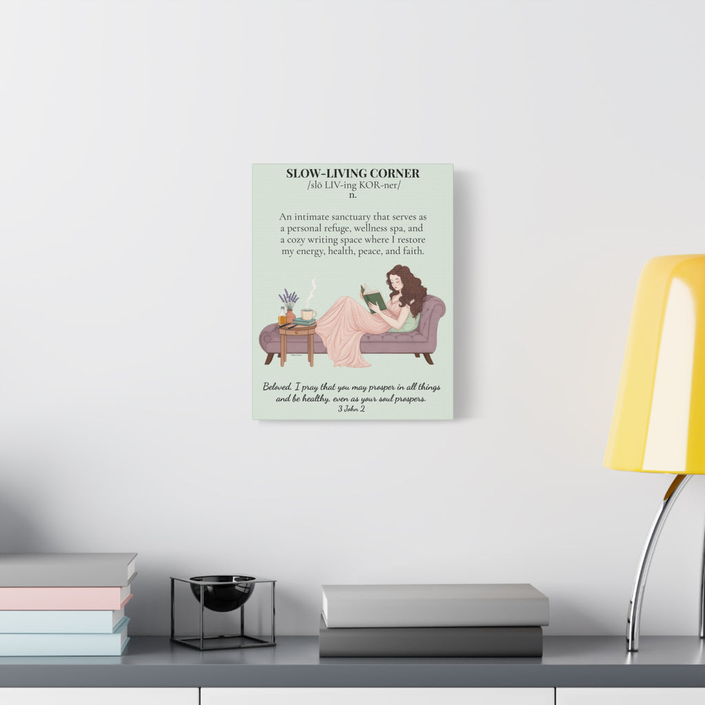 Slow-Living Corner Matte Canvas Wall Art — Cozy Sanctuary Definition with Scripture (Mint Green)