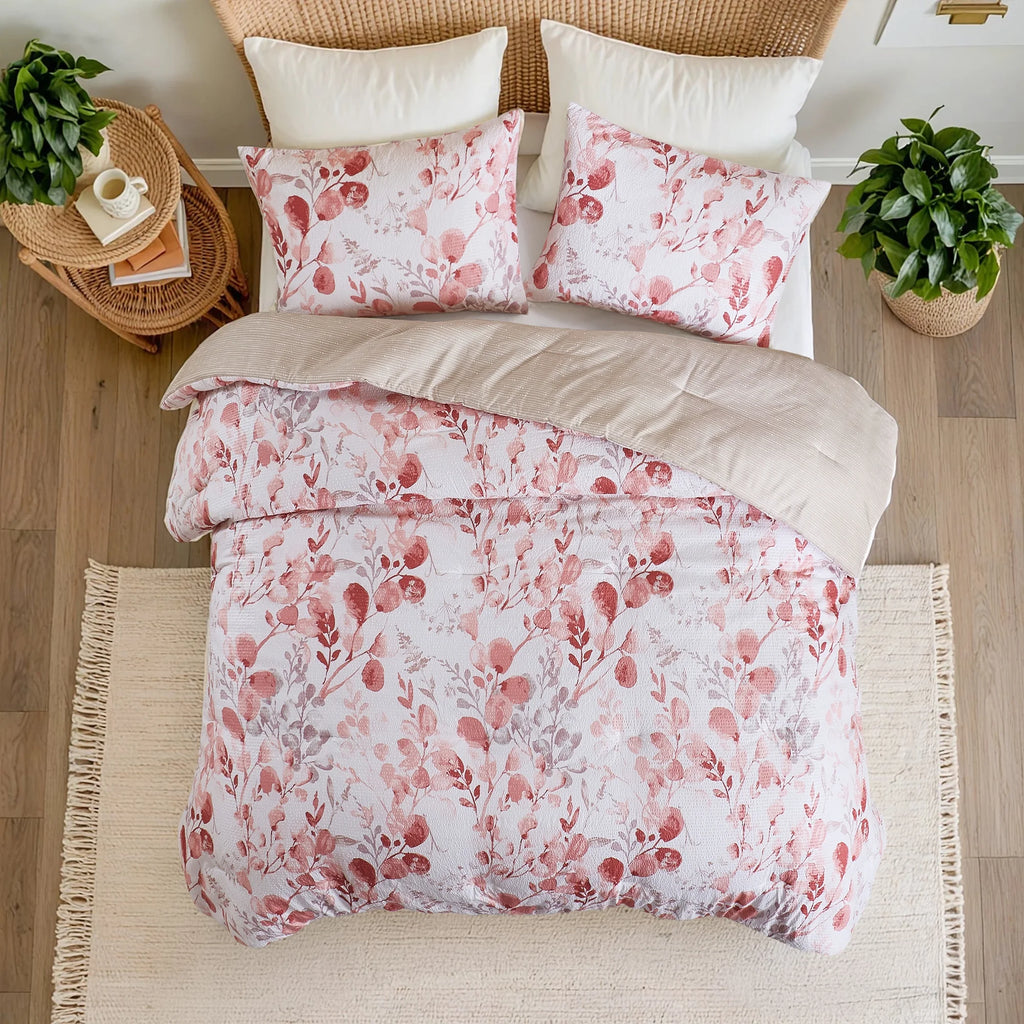 King/Cal King Comforter Sets, Reversible Seersucker Floral Bedding Sets, 3 Piece Lightweight Pink Blush Botanical Flowers Comforter Bed Set with Pillow Shams