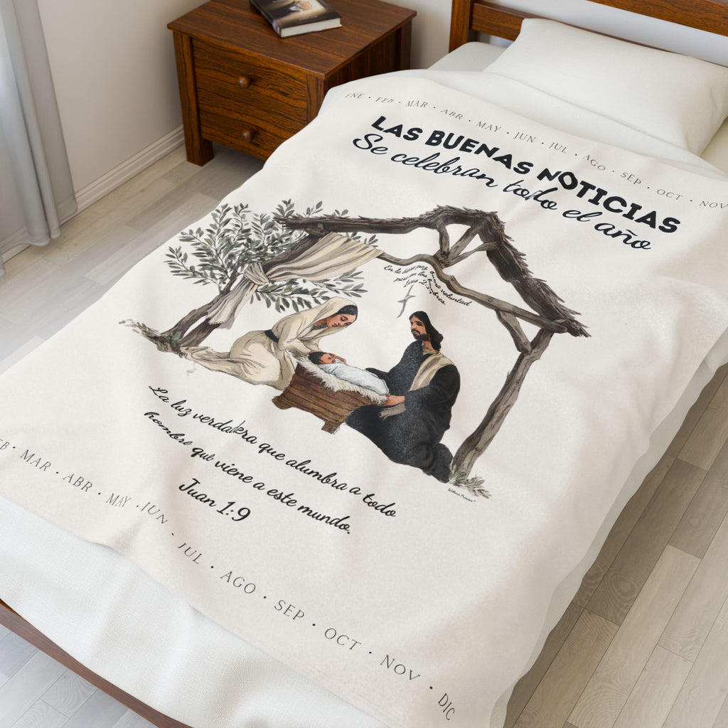 Nativity Year Round Velveteen Blanket (Cream Color)- "Las Buenas Noticias" Spanish Nativity Throw