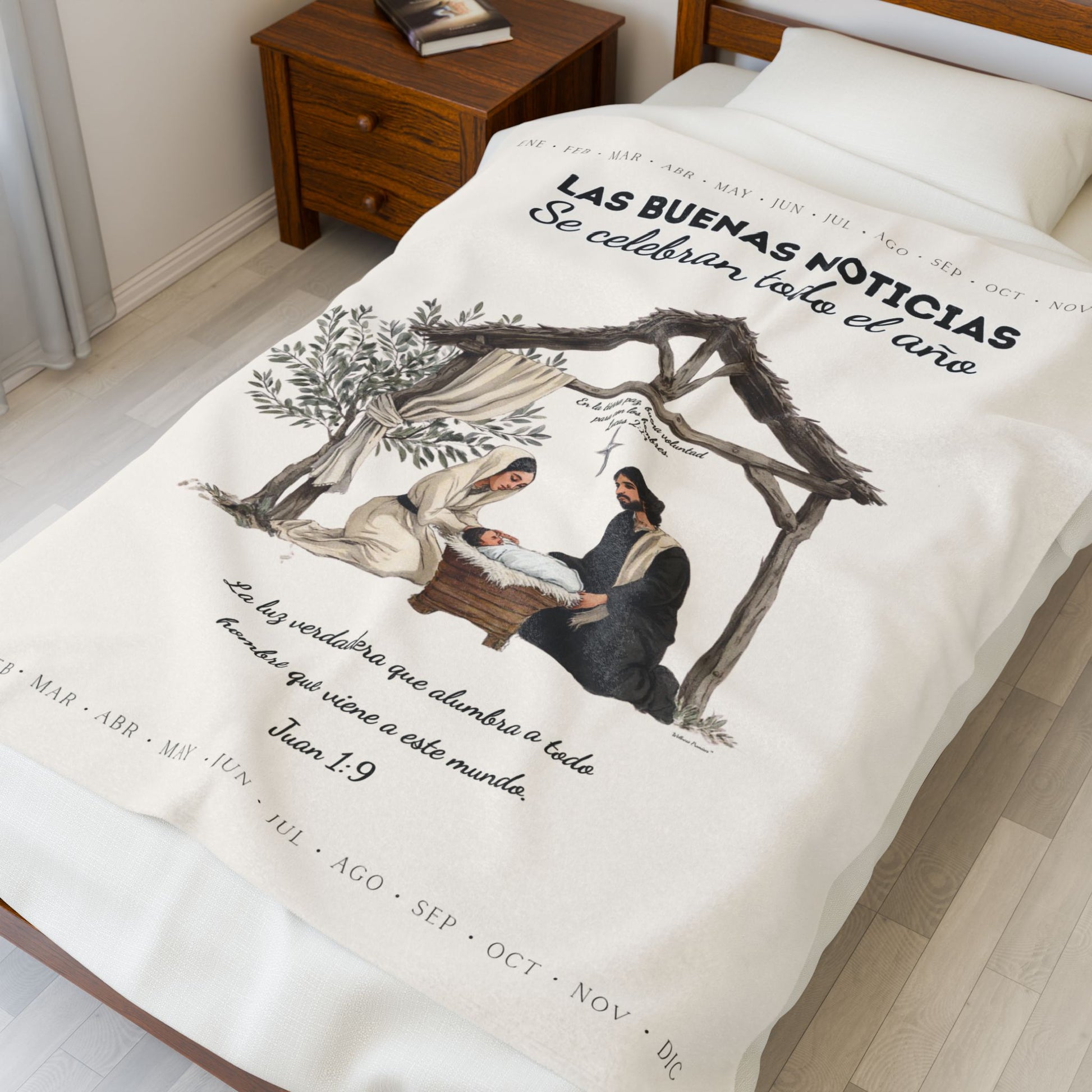 Nativity Year Round Velveteen Blanket (Cream Color)- "Las Buenas Noticias" Spanish Nativity Throw